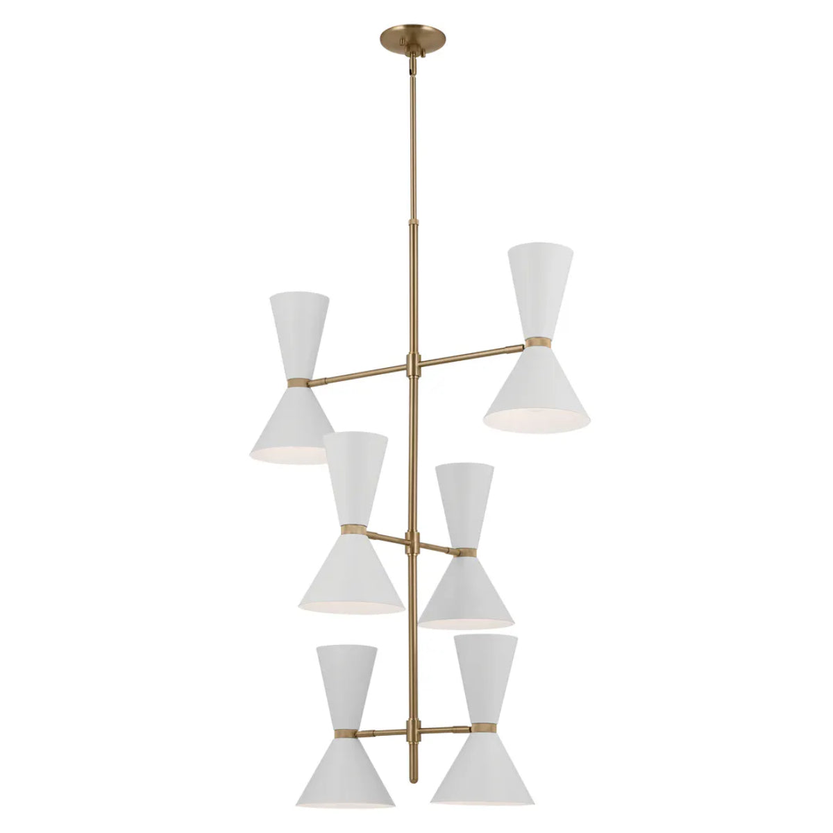 Phix 50" 12-Light Multi-Tier Chandelier with Metal Cone Shade, Champagne Bronze and White Finish - Bees Lighting