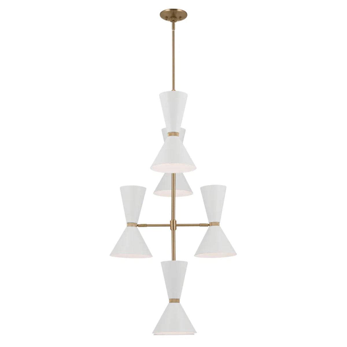 Phix 50" 12-Light Multi-Tier Chandelier with Metal Cone Shade, Champagne Bronze and White Finish - Bees Lighting