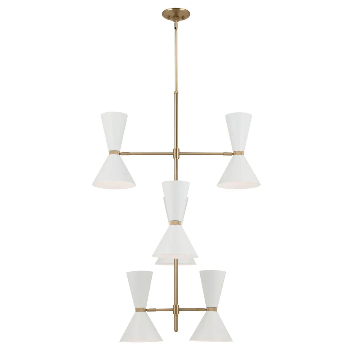 Phix 50" 12-Light Multi-Tier Chandelier with Metal Cone Shade, Champagne Bronze and White Finish - Bees Lighting