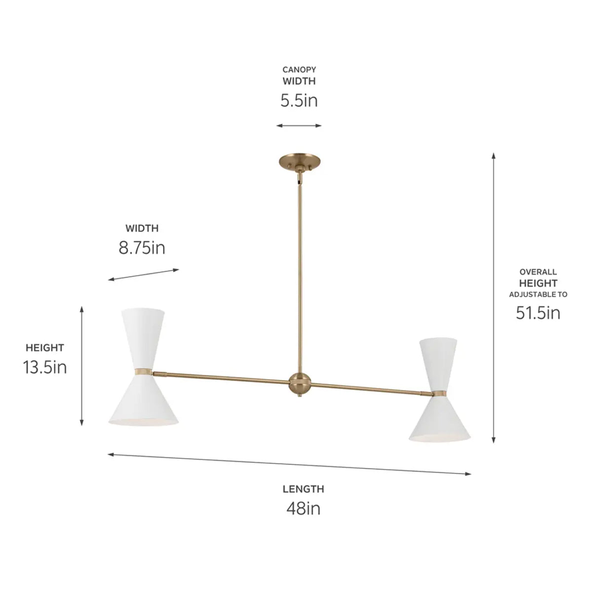 Phix 48" 4-Light Linear Chandelier with Metal Cone Shade, Champagne Bronze and White Finish - Bees Lighting