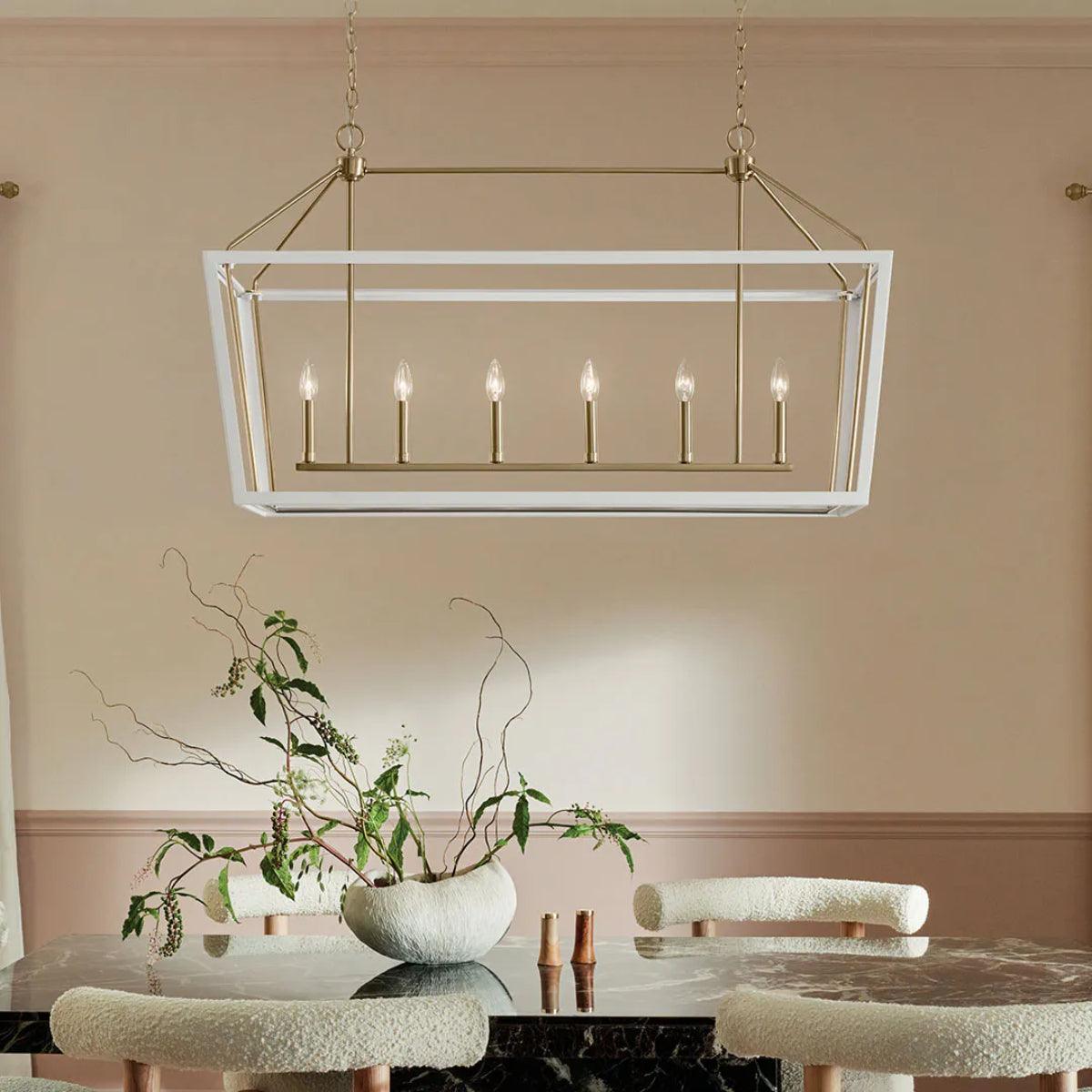 Delvin 44" 6-Light Linear Pendant Light with Clear Glass, White and champagne bronze Finish - Bees Lighting