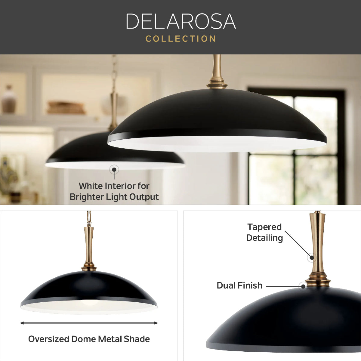 Delarosa 20" 1-Light Pendant Light with Metal Dome Shade, Black and Champagne Bronze Finish - Bees Lighting