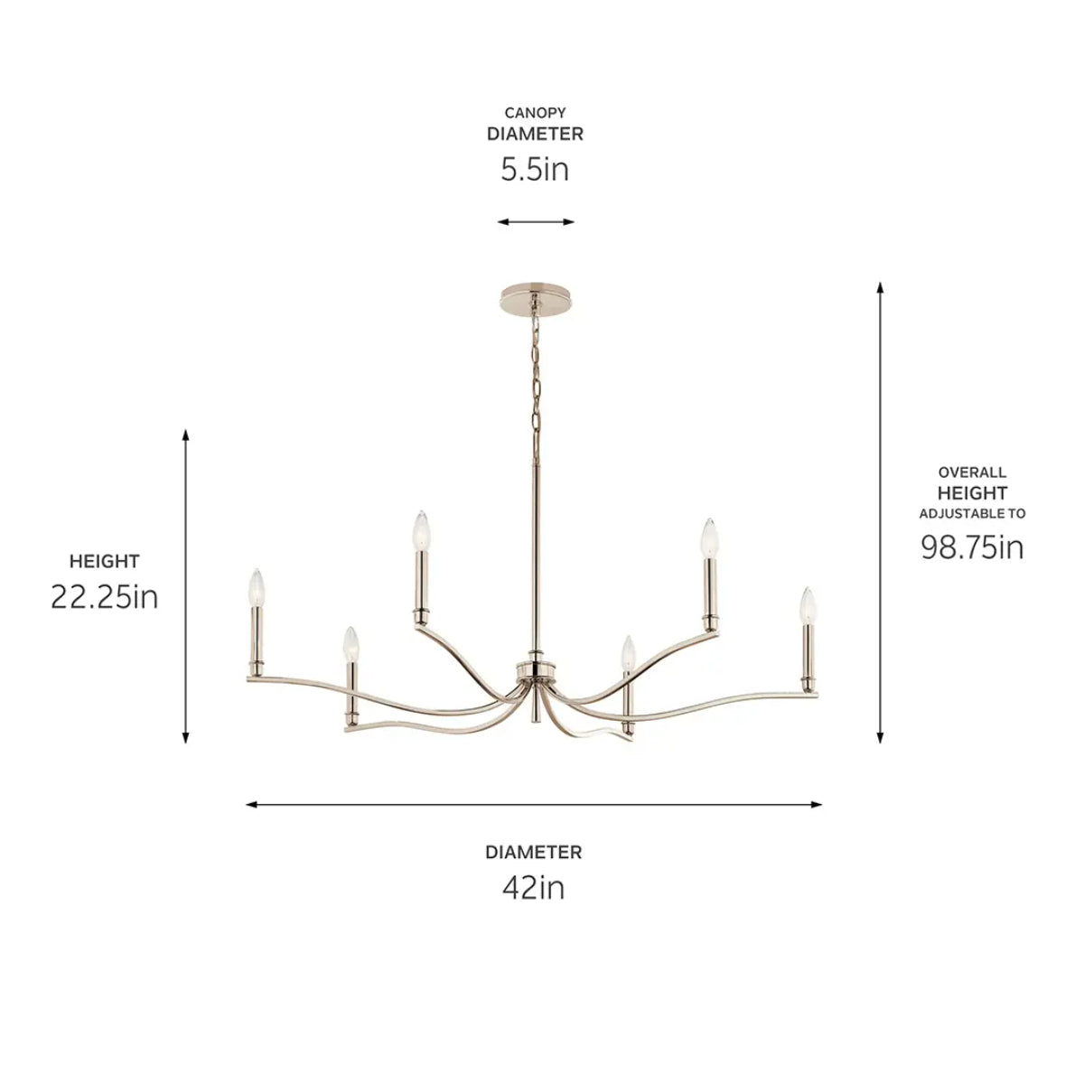 Malene 42" 6-Light Chandelier, Polished nickel Finish