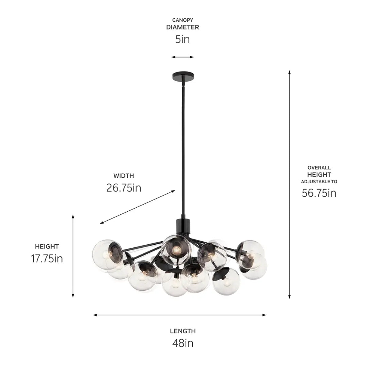 Silvarious 48" 12-Light Convertible Chandelier with Clear Glass, Black Finish - Bees Lighting