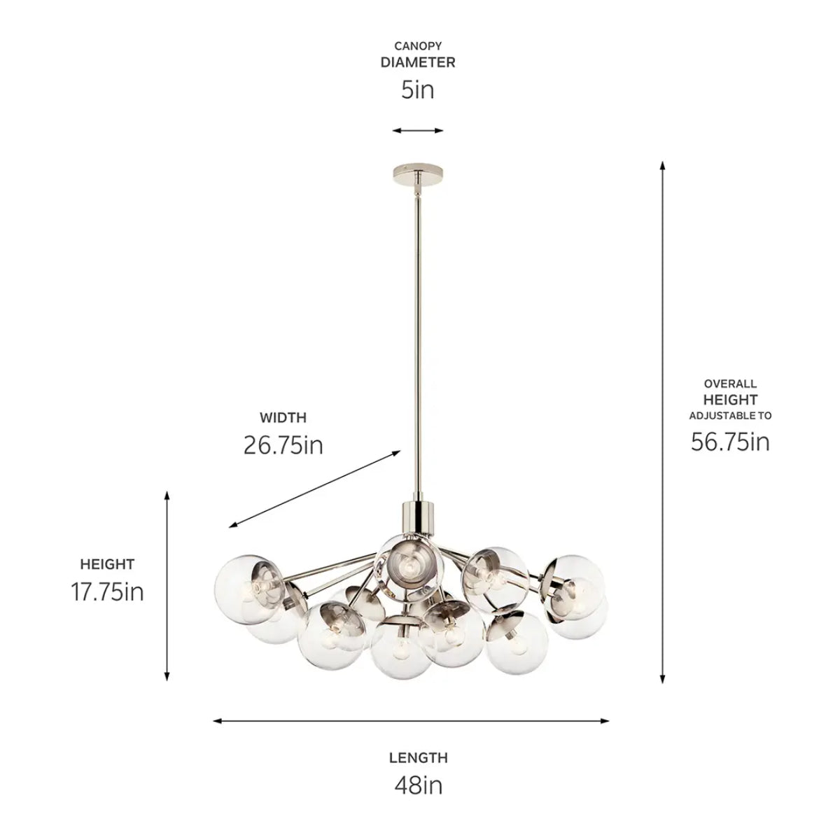 Silvarious 48" 12-Light Convertible Chandelier with Clear Glass, Polished Nickel Finish - Bees Lighting