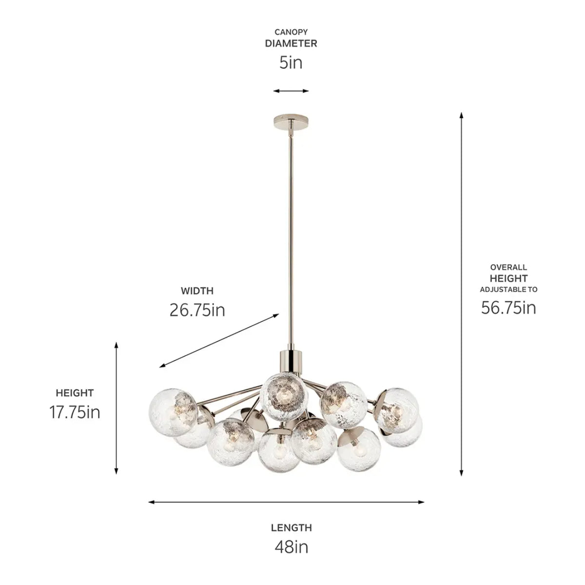 Silvarious 48" 12-Light Convertible Chandelier with Clear Crackle Glass, Polished Nickel Finish - Bees Lighting