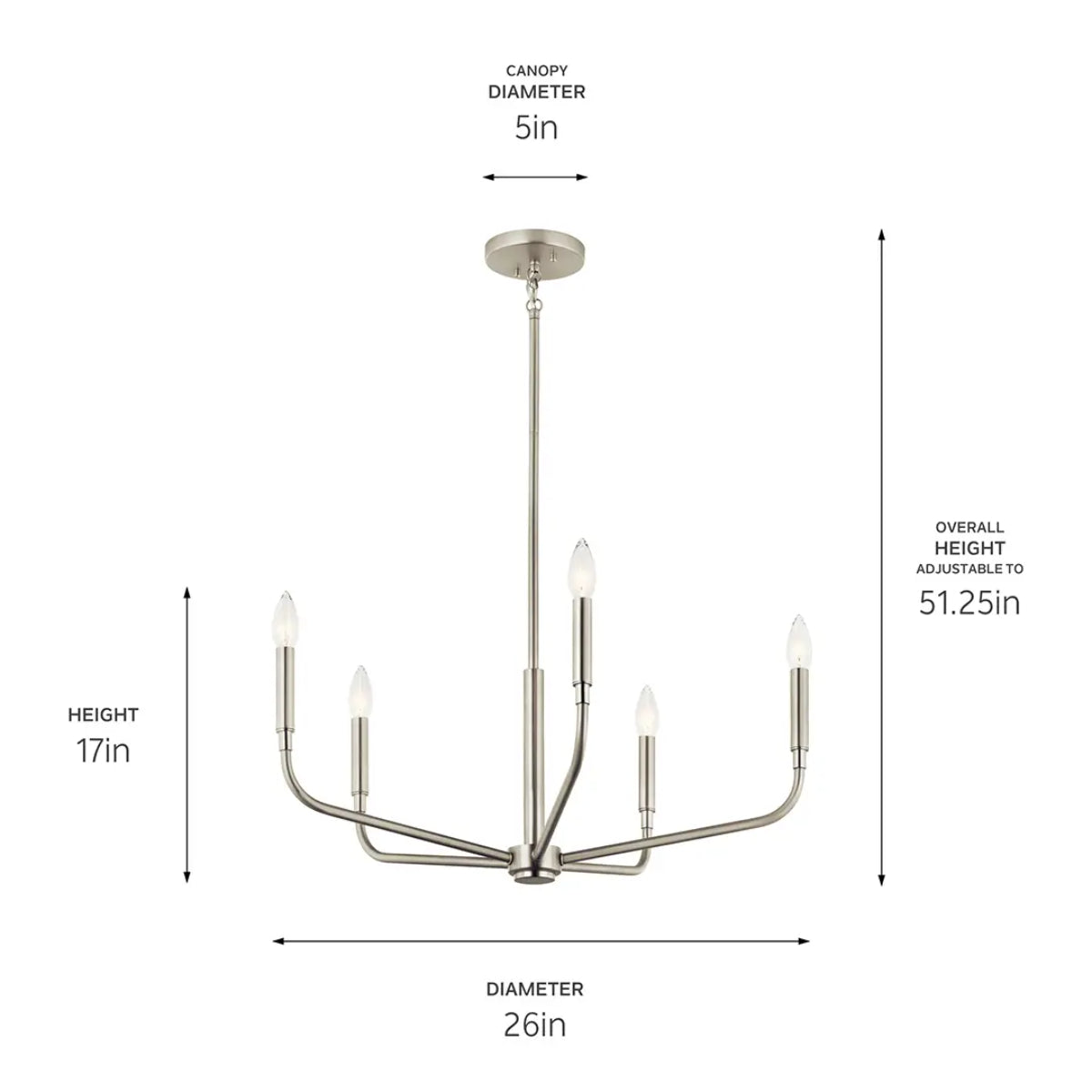 Madden 26" 5-Light Chandelier, Brushed Nickel Finish - Bees Lighting