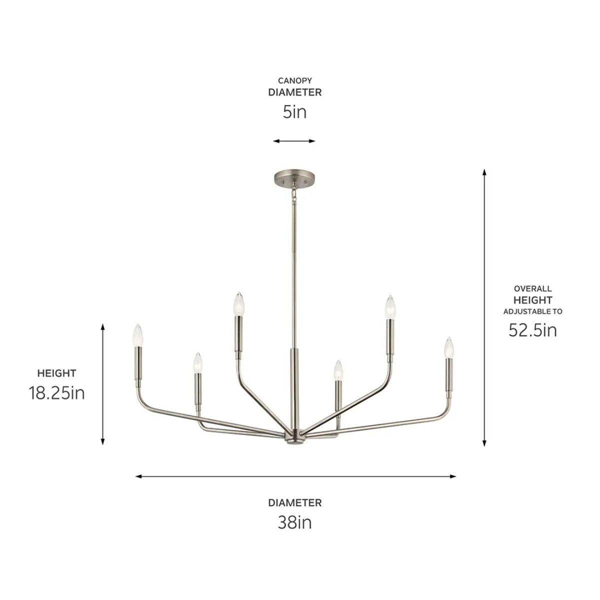 Madden 38" 6-Light Chandelier, Brushed Nickel Finish - Bees Lighting