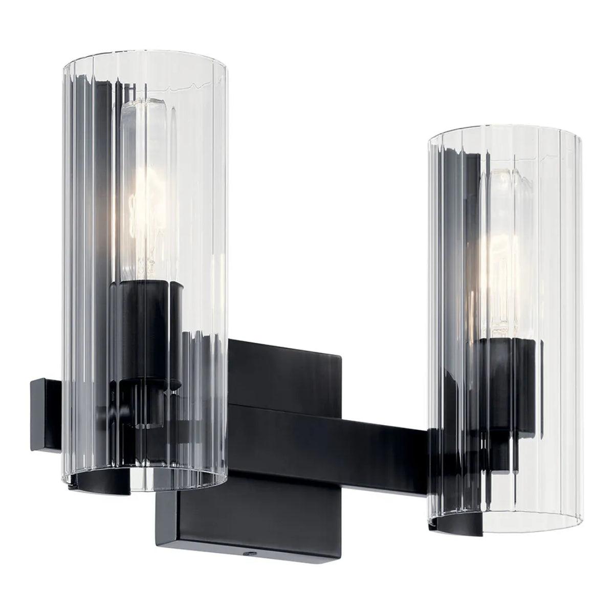 Jemsa 13 In 2-Lights Bathroom Vanity Light With Clear Fluted Glass, Black Finish - Bees Lighting