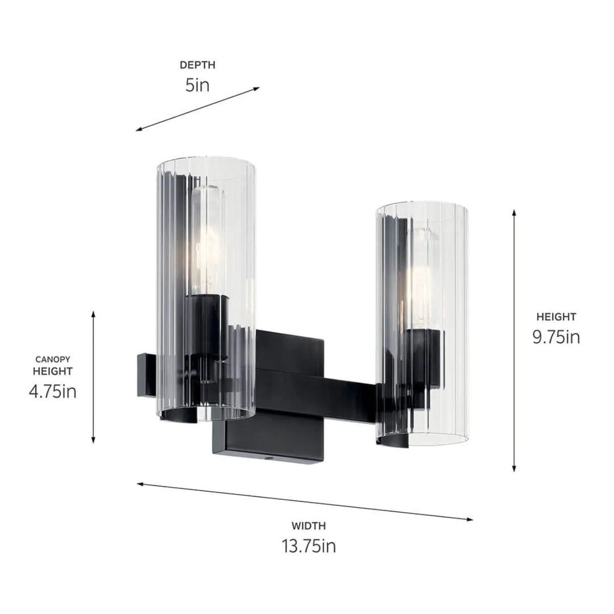 Jemsa 13 In 2-Lights Bathroom Vanity Light With Clear Fluted Glass, Black Finish - Bees Lighting