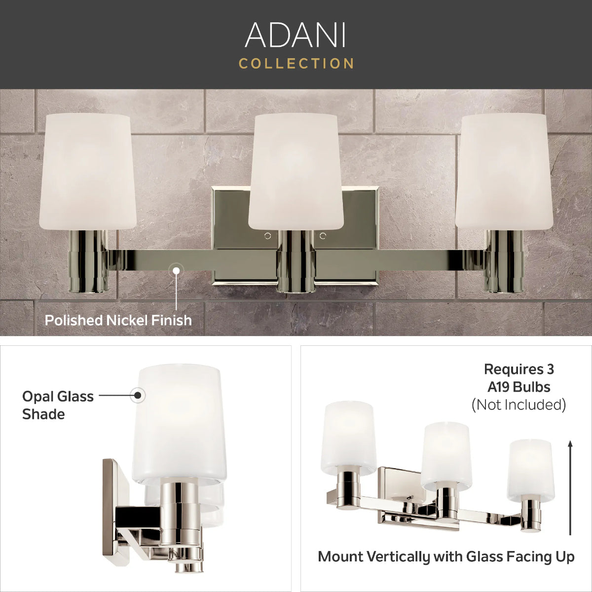 Adani 24 In 3-Lights Bathroom Vanity Light With Opal Glass, Polished Nickel Finish - Bees Lighting