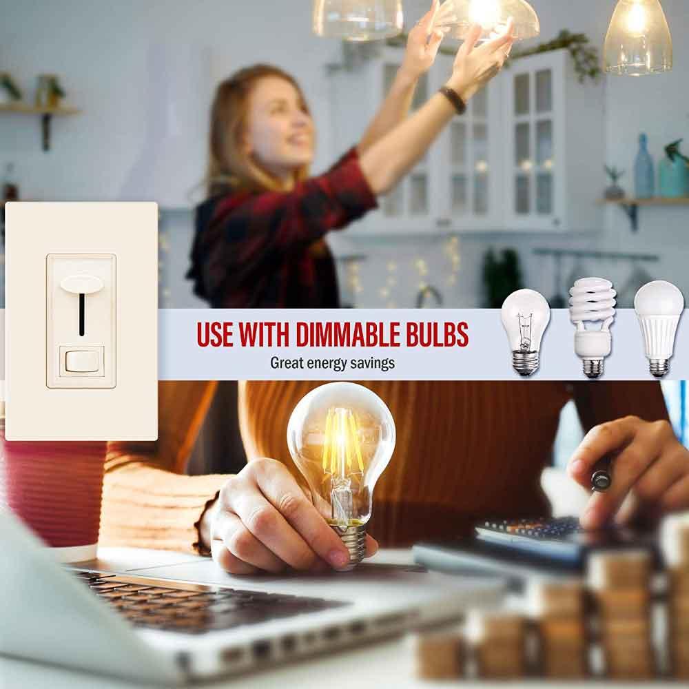 LED+ Slide Dimmer Switch, 150-Watts LED/CFL, Single Pole or 3-Way, White - Bees Lighting