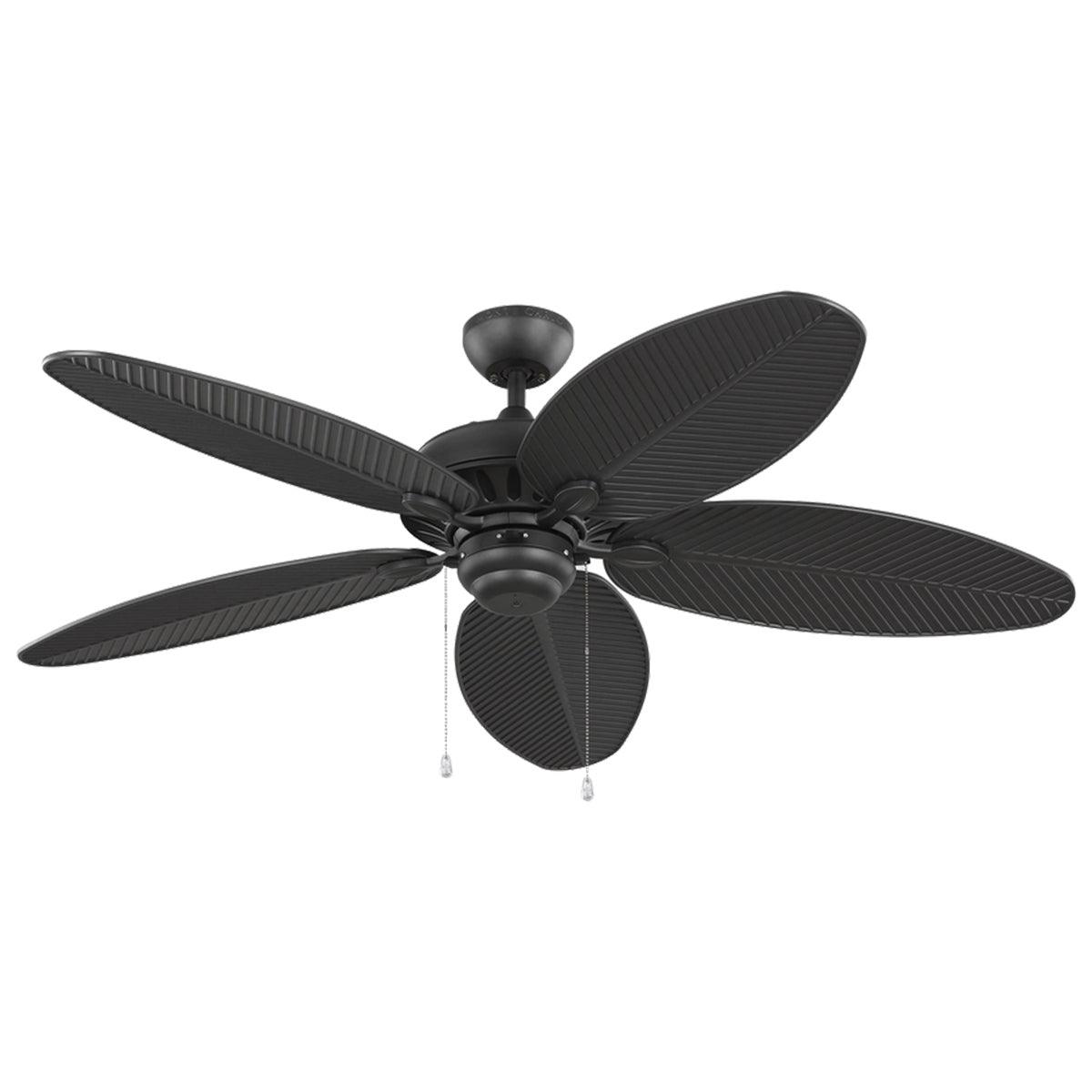 Cruise 52 In. Outdoor Tropical Leaf Blades Ceiling Fan with Pull Chain, Matte Black with Black Blades - Bees Lighting