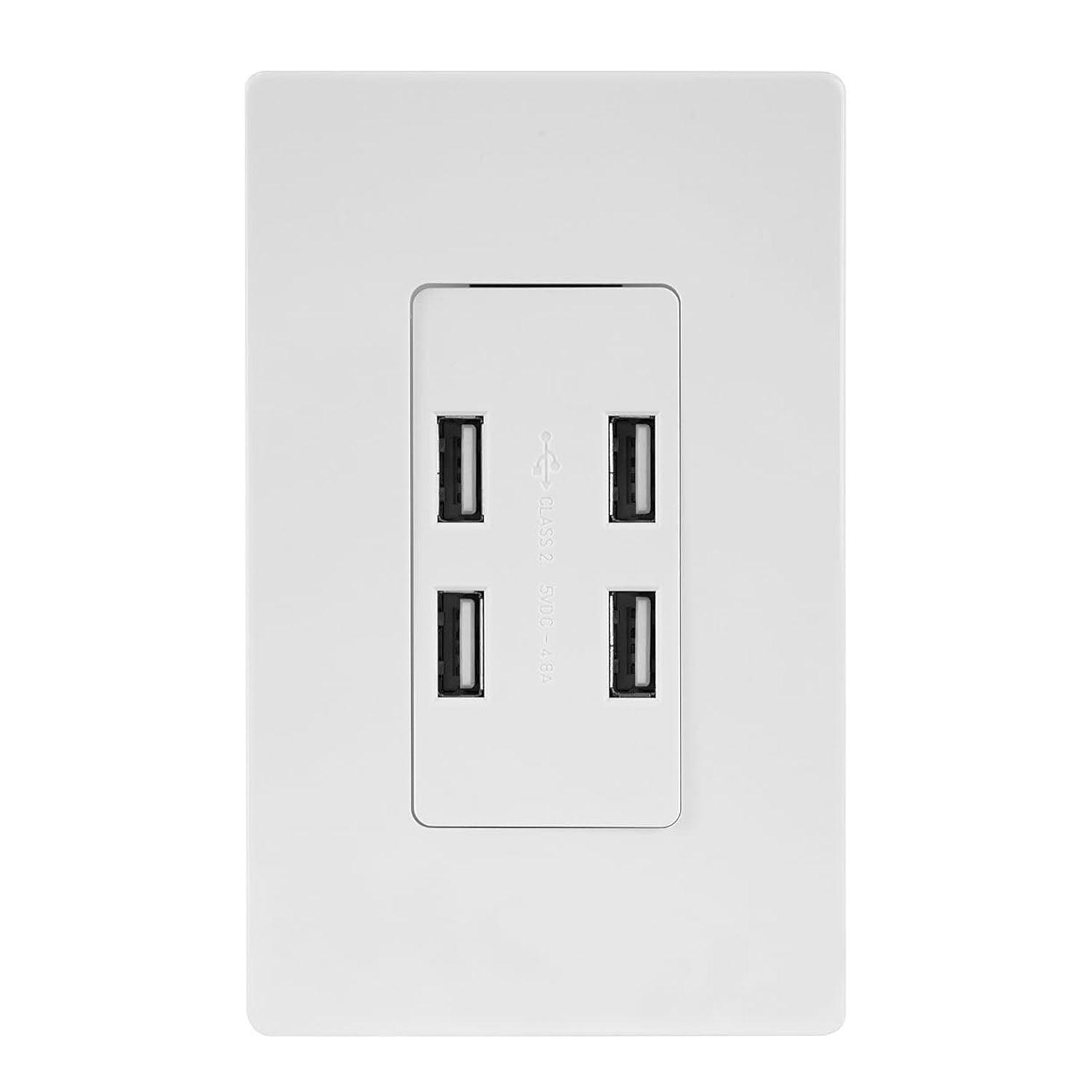 4.8 Amp Ultra High Speed 4-Port USB Charger Receptacle, White - Bees Lighting