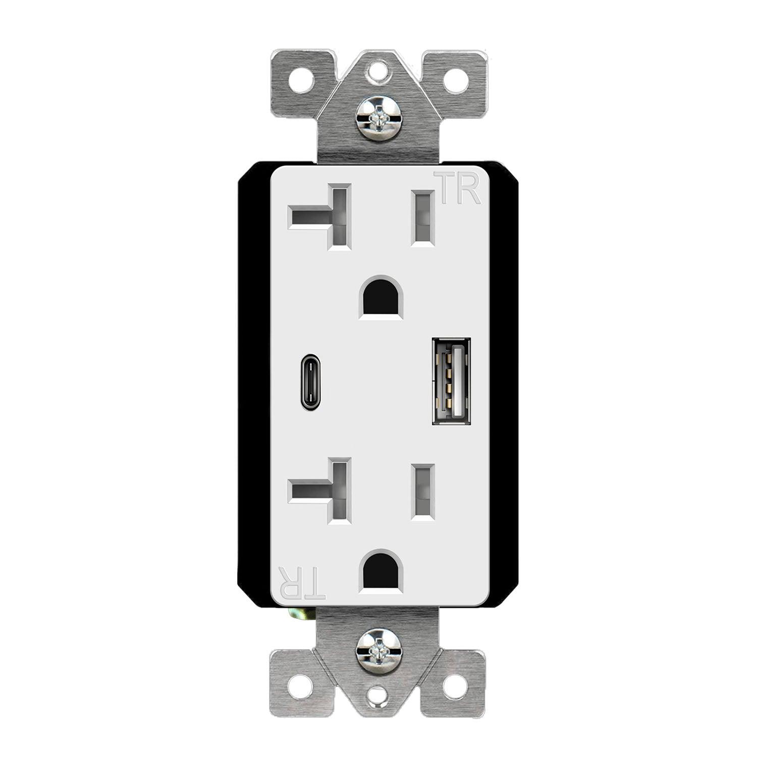 3.6 Amp Dual USB Type-C/Type-A 20 Amp Tamper-Resistant Duplex Receptacle, White - Bees Lighting