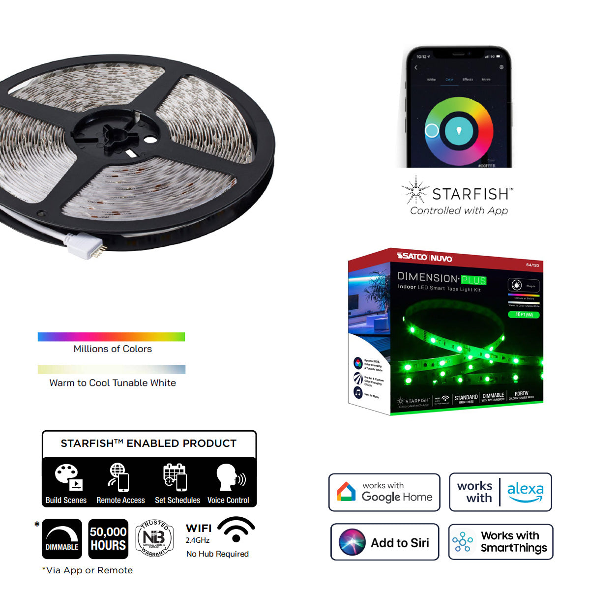 Dimension Plus LED Smart Tape Light Kit, 16ft Reel, Color Changing RGB and Tunable White, 24V, Direct Wired Connection