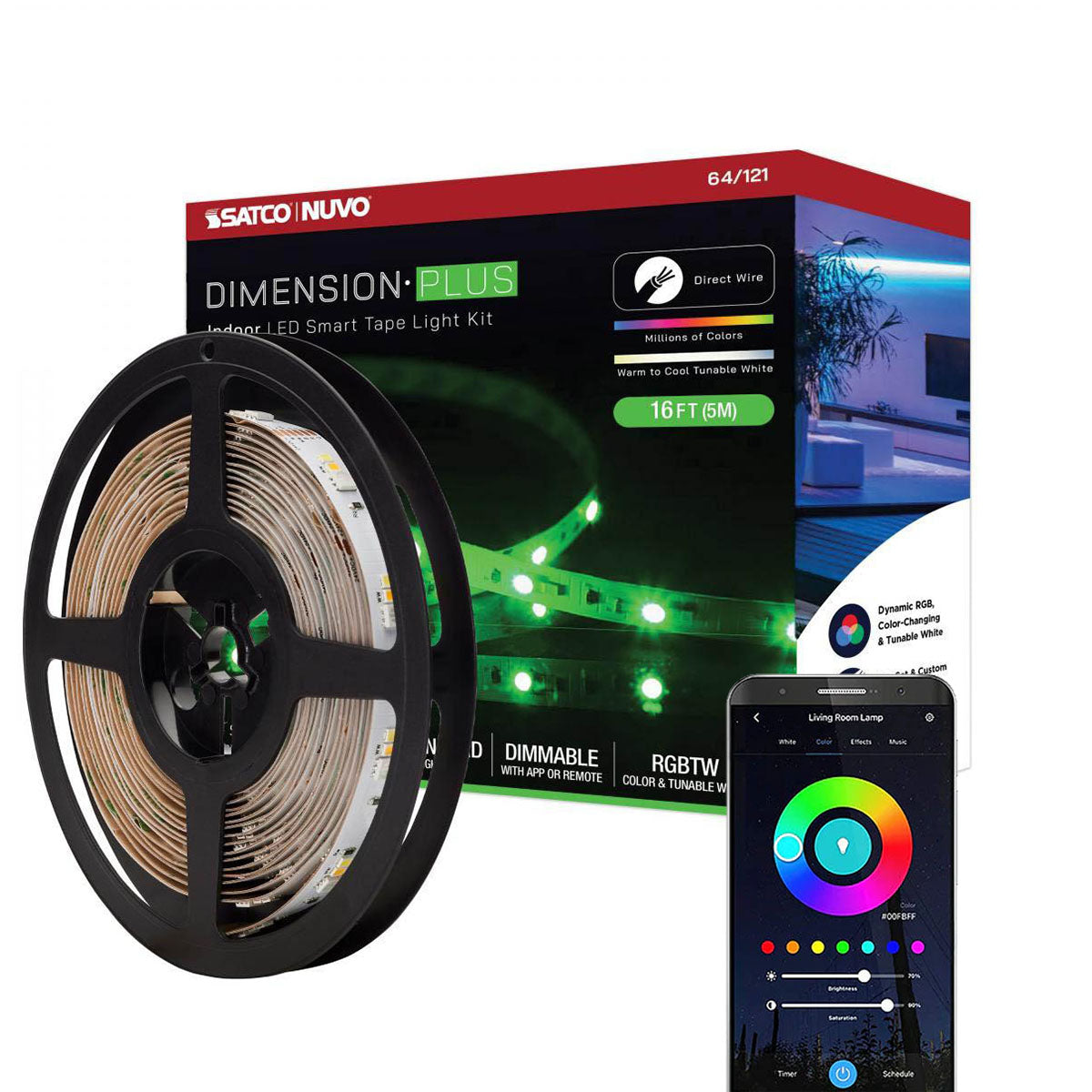 Dimension Plus LED Smart Tape Light Kit, 16ft Reel, Color Changing RGB and Tunable White, 24V, Direct Wired Connection