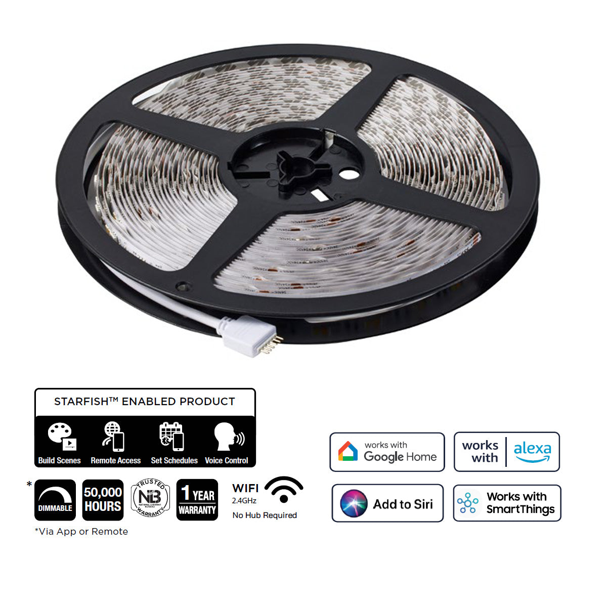 Dimension Pro LED Smart Tape Light Kit with Remote, 65ft Reel, Color Changing RGB and Tunable White, 24V, Plug Connection