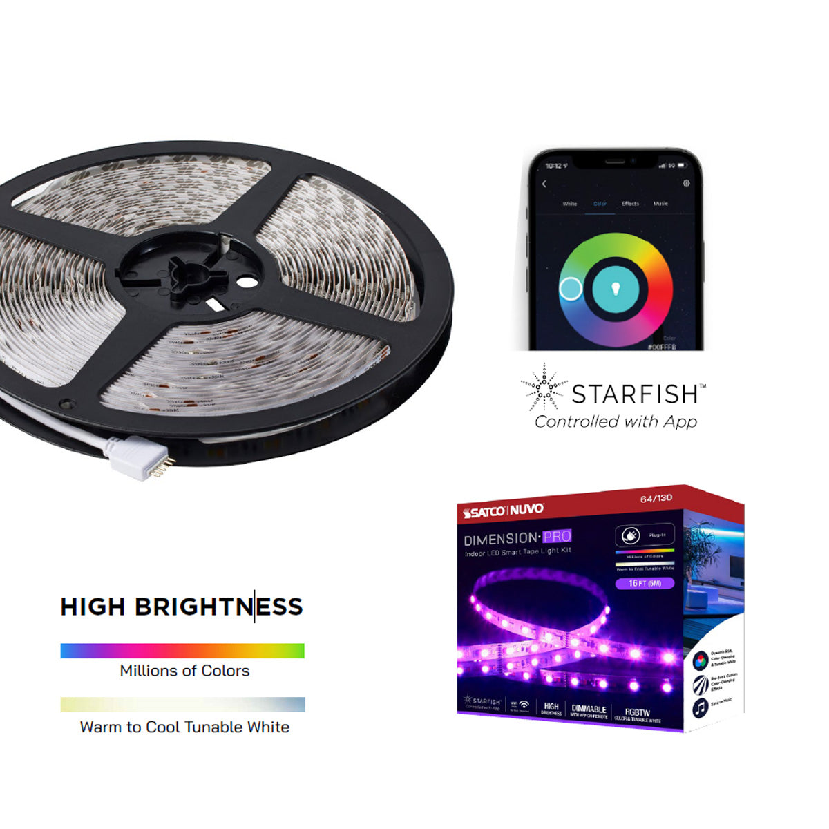 Dimension Pro LED Smart Tape Light Kit with Remote, 32ft Reel, Color Changing RGB and Tunable White, 24V, J-Box Connection