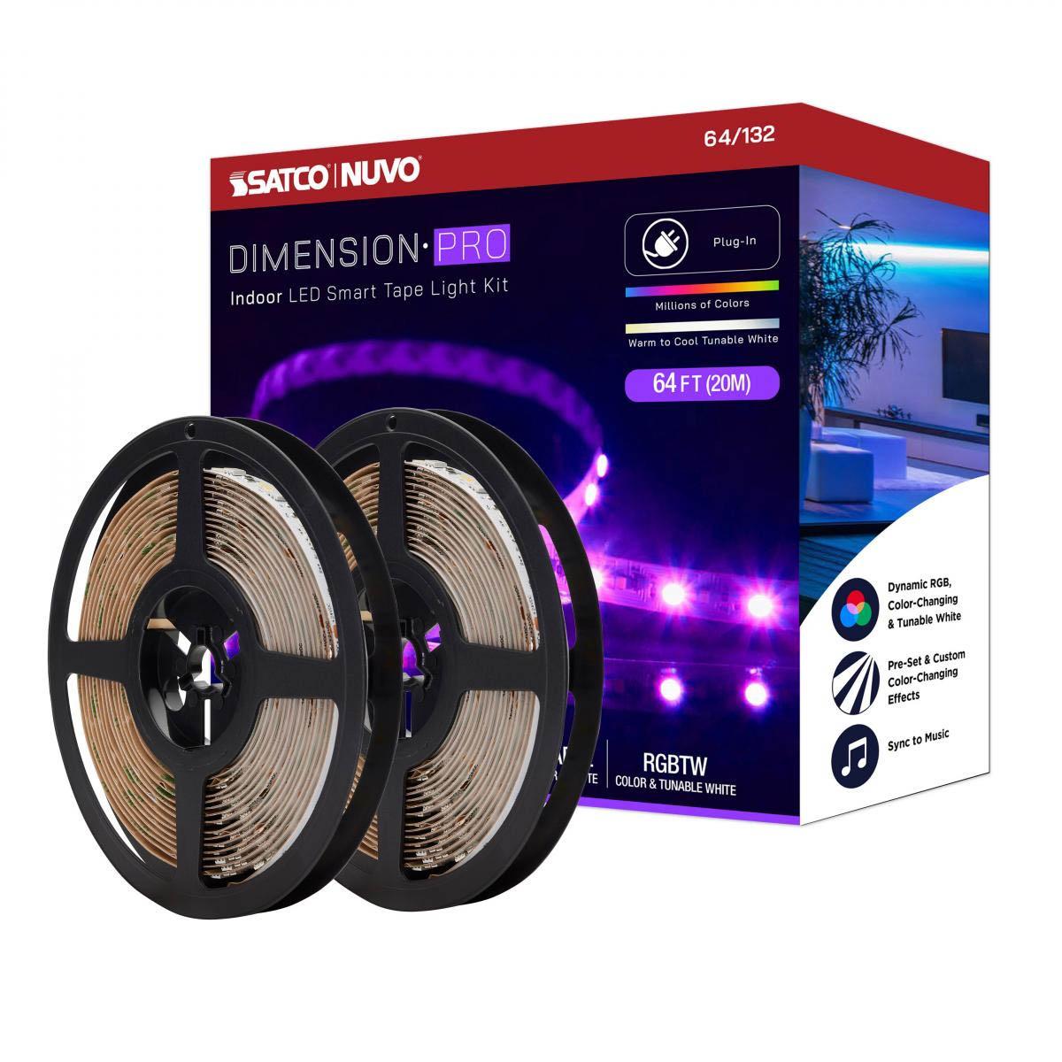 Dimension Pro LED Smart Tape Light Kit with Remote, 65ft Reel, Color Changing RGB and Tunable White, 24V, Plug Connection