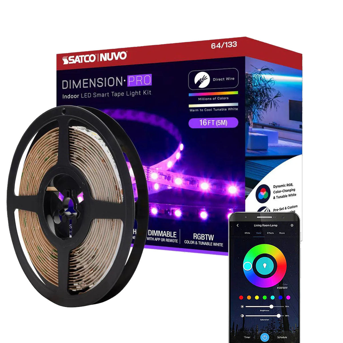 Dimension Pro LED Smart Tape Light Kit with Remote, 16ft Reel, Color Changing RGB and Tunable White, 24V, J-Box Connection