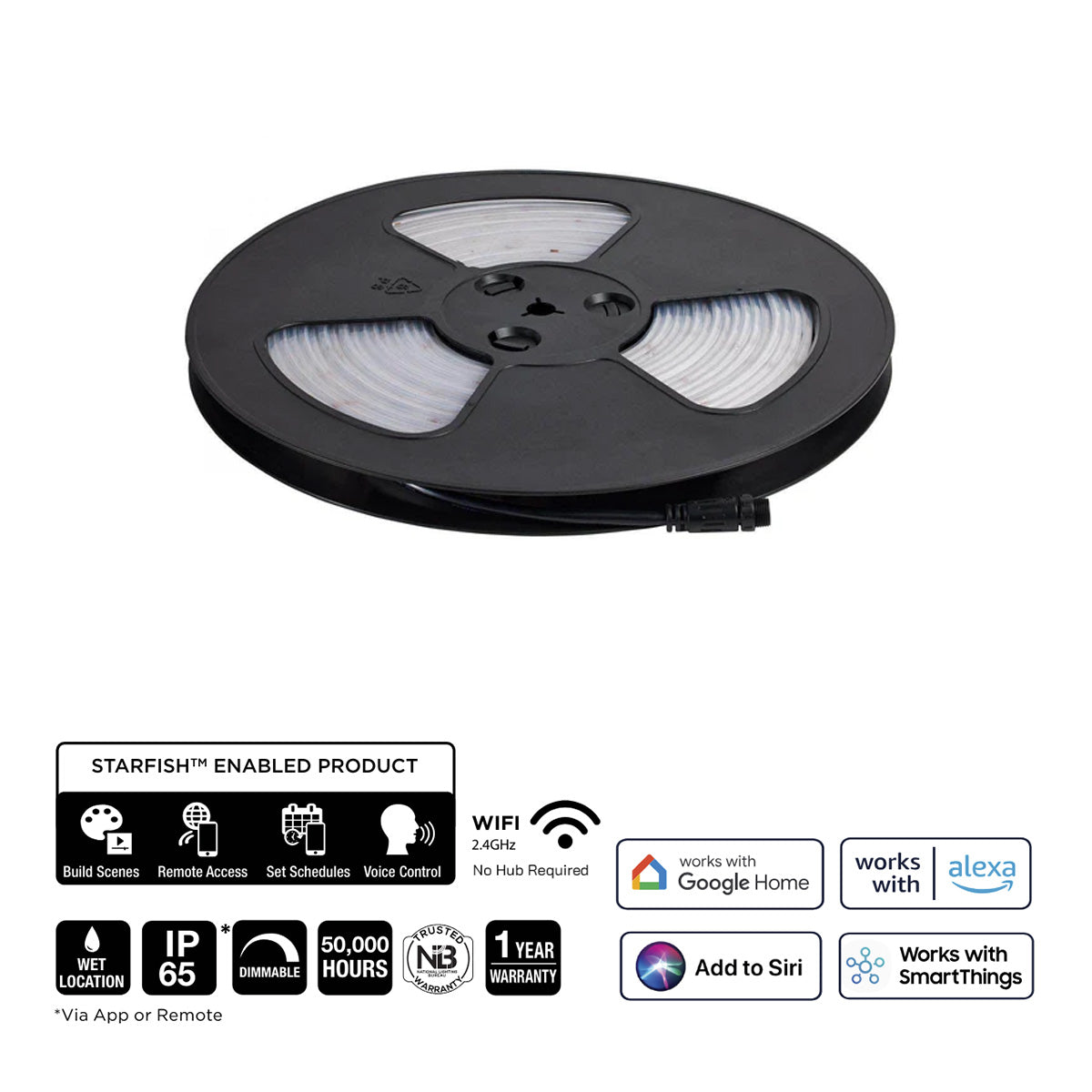 Dimension Pro Outdoor Smart LED Tape Light Kit with Remote, 16ft Reel, Color Changing RGB and Tunable White, 24V, Plug Connection