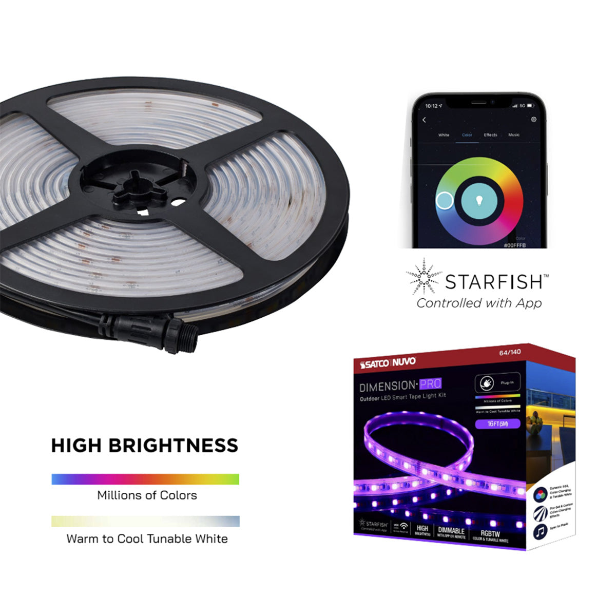 Dimension Pro Outdoor Smart LED Tape Light Kit with Remote, 32ft Reel, Color Changing RGB and Tunable White, 24V, Plug Connection