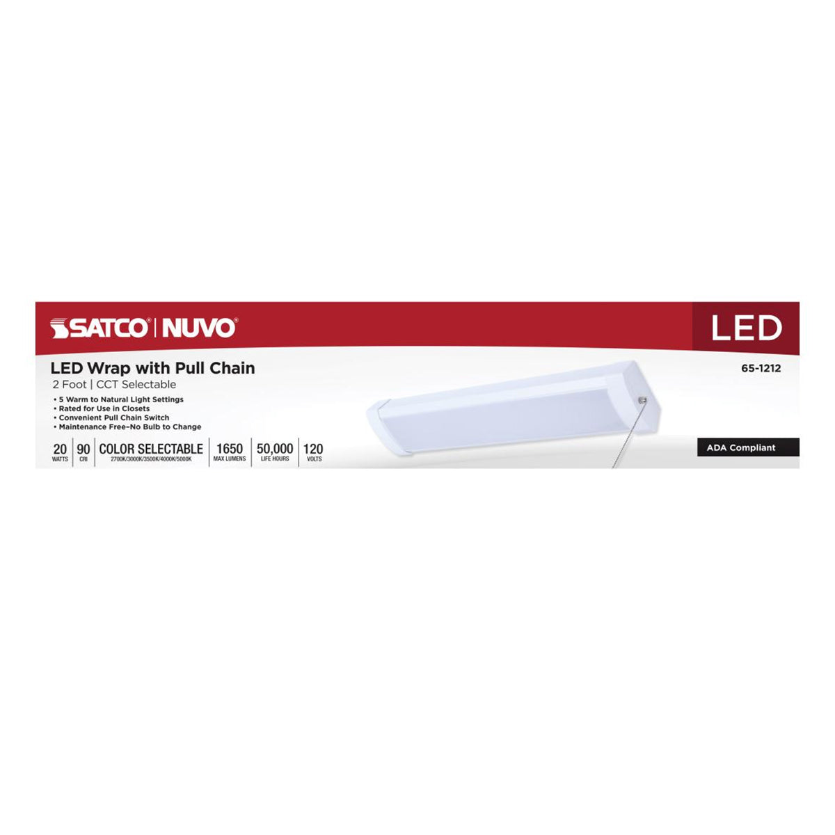 2ft LED Ceiling Wrap with Pull Chain, 20 Watts, 1650 Lumens, Selectable CCT, White Finish, 120 Volt