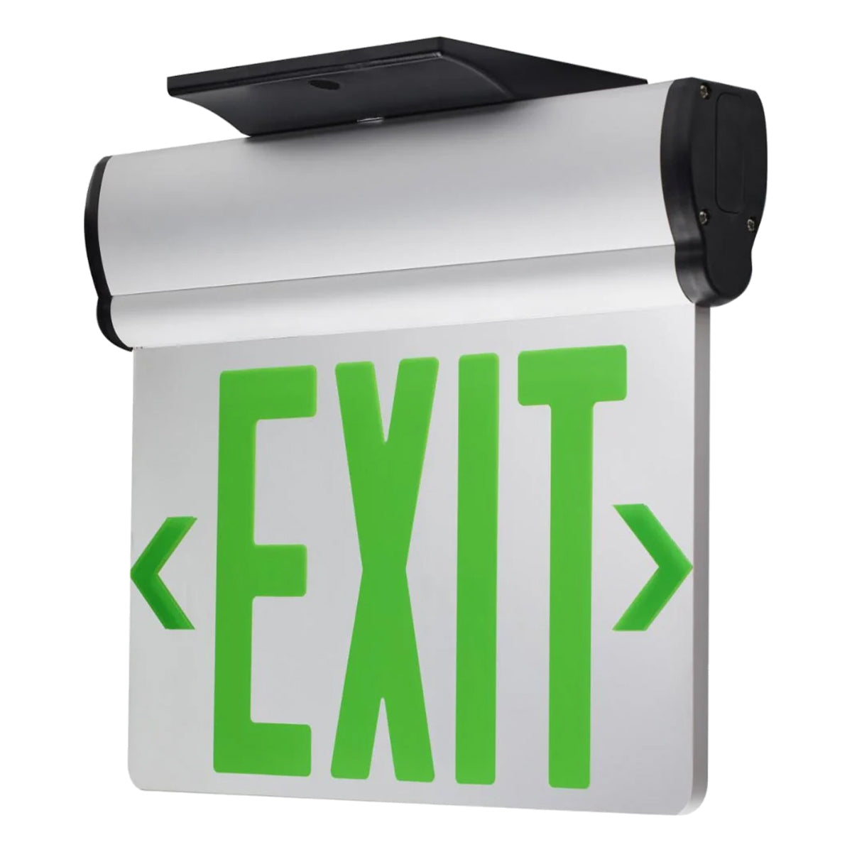 Edge-Lit LED Exit Sign, Dual Face with Green Letters, Mirror Finish, Battery Included, Surface Mount