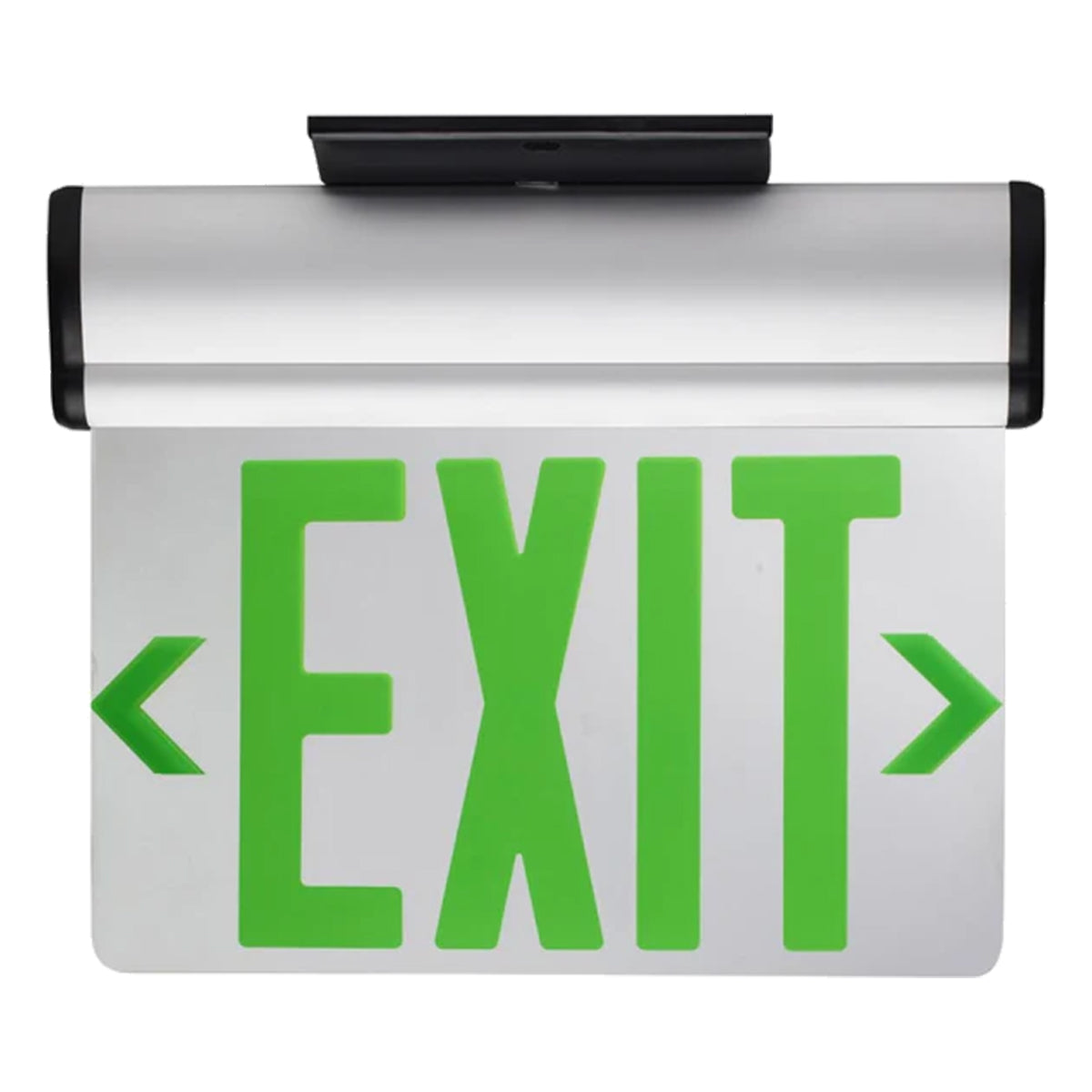 Edge-Lit LED Exit Sign, Dual Face with Green Letters, Mirror Finish, Battery Included, Surface Mount