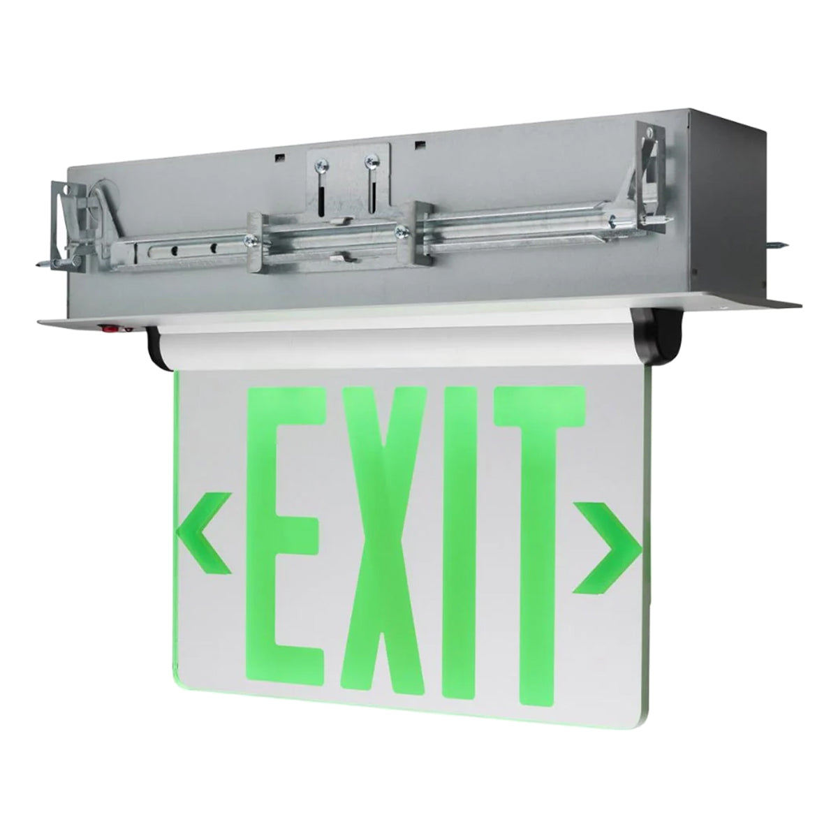 Edge-Lit LED Exit Sign, Dual face with Green Letters, Silver Finish, Mirror Panel, Battery Included