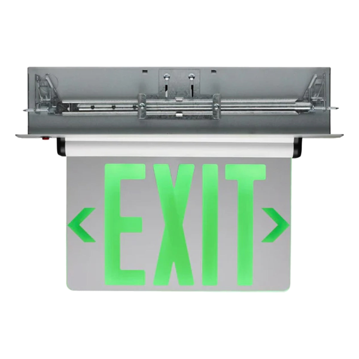 Edge-Lit LED Exit Sign, Dual face with Green Letters, Silver Finish, Mirror Panel, Battery Included