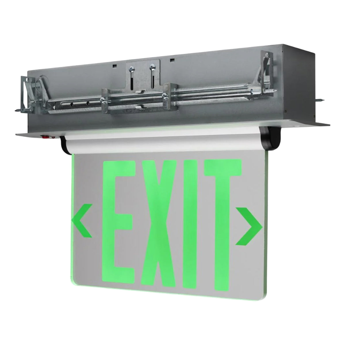 Edge-Lit LED Exit Sign, Single Face with Green Letters, Clear Finish, Battery Included, Recessed Mount