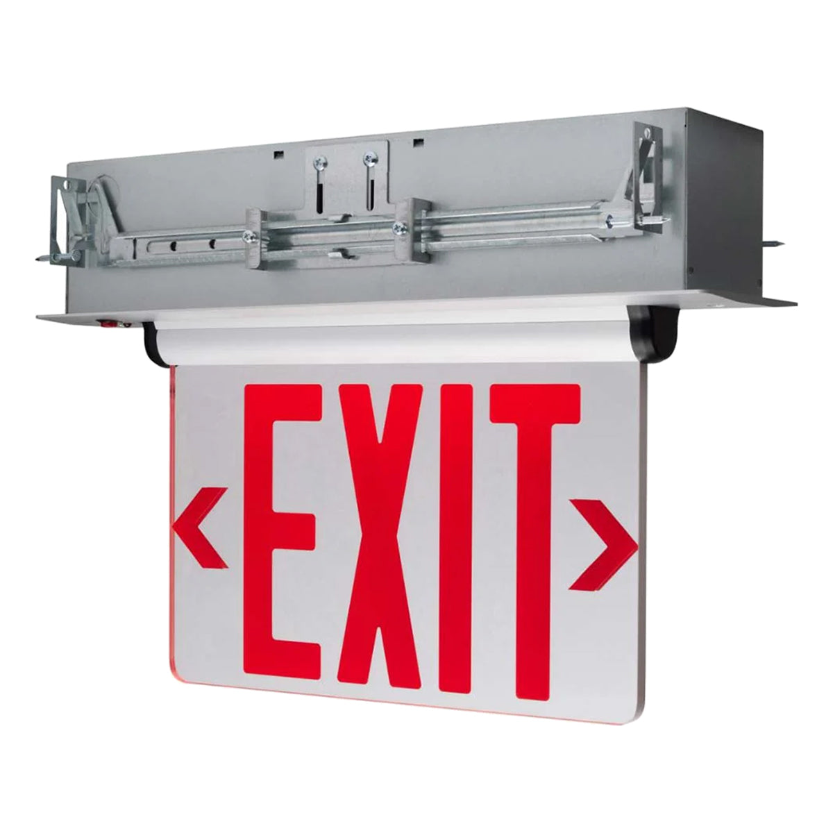 Edge-Lit LED Exit Sign, Dual Face with Red Letters, Mirror Finish, Battery Included, Recessed Mount