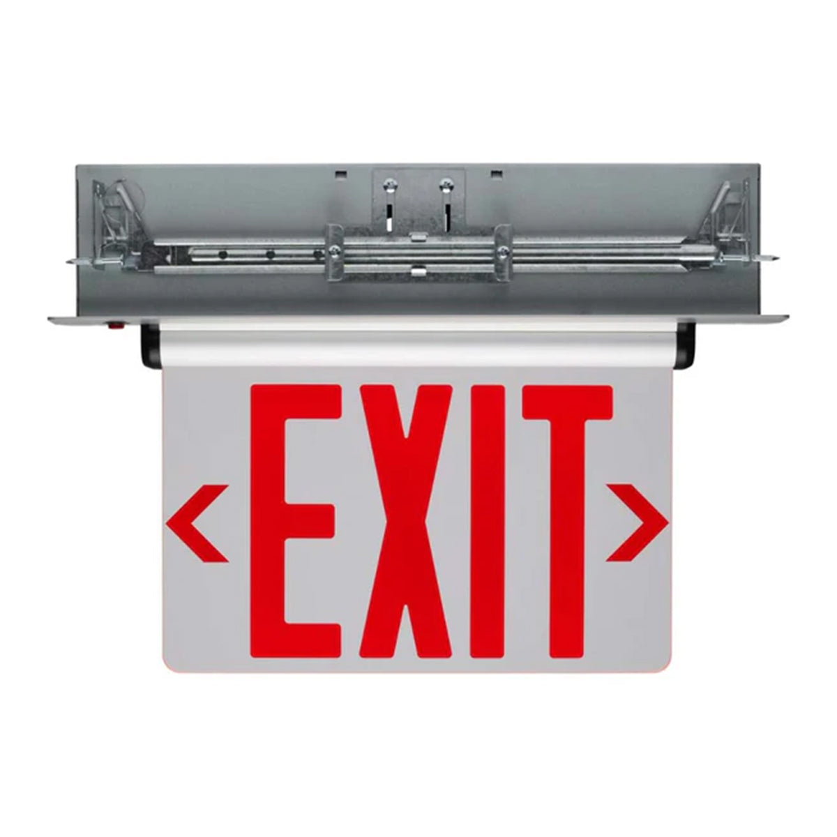 Edge-Lit LED Exit Sign, Dual face with Red Letters, Silver Finish, Mirror Panel, Battery Included