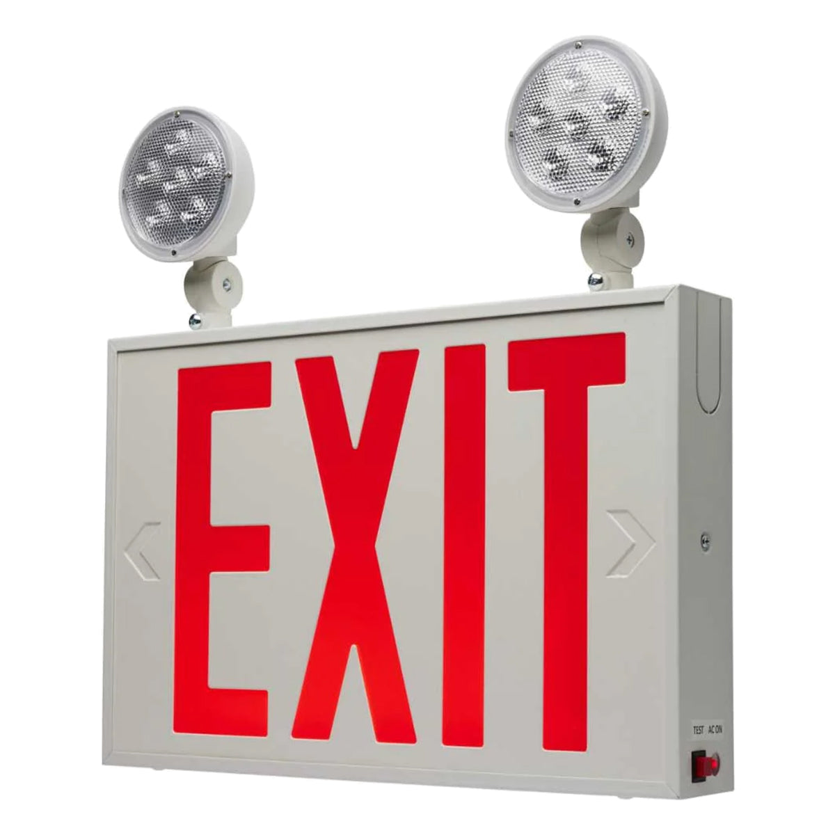 LED Combo Exit Sign, Dual Face with Red Letters, White, Battery Included, Double Head Lights