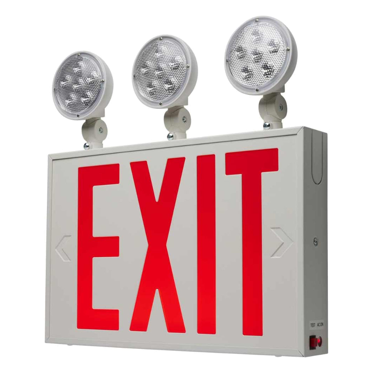 LED Combo Exit Sign, Dual Face with Red Letters, White, Battery Included, Tri Head Lights