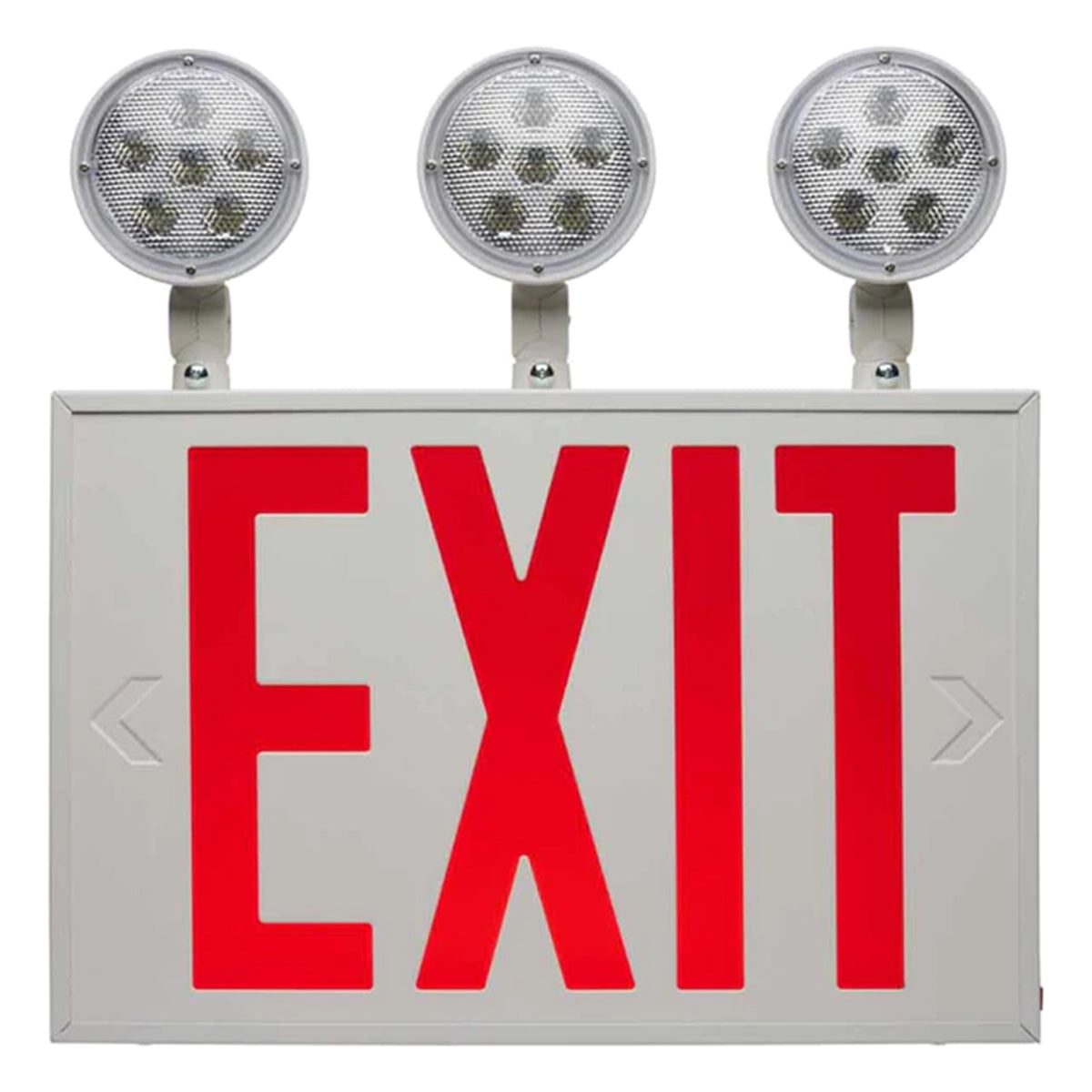 LED Combo Exit Sign, Dual Face with Red Letters, White, Battery Included, Tri Head Lights