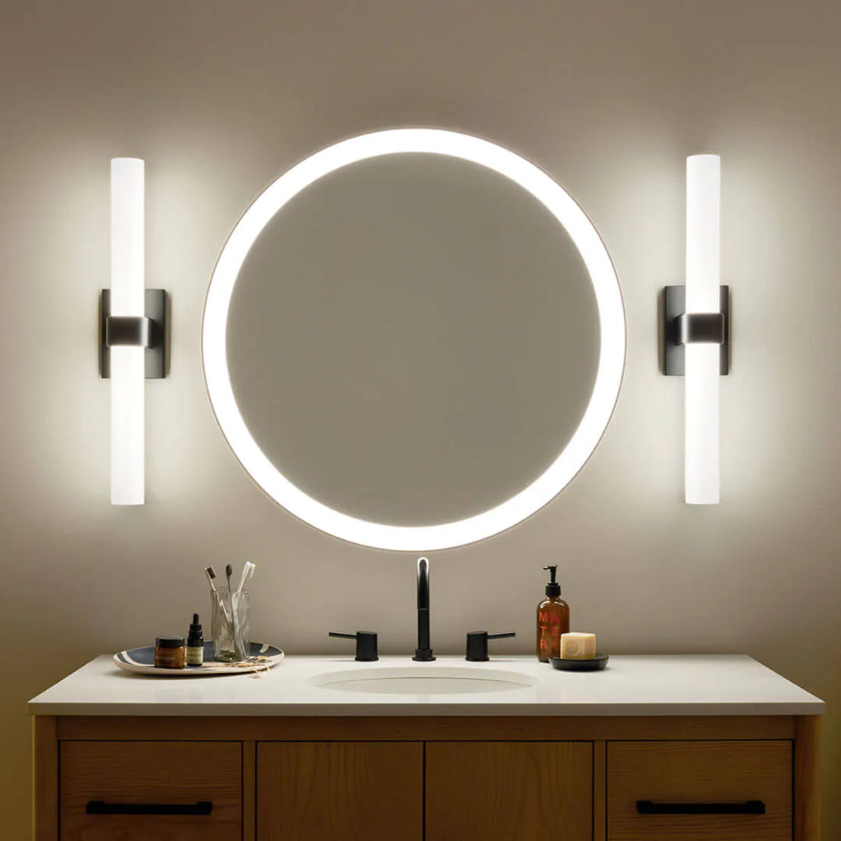 Izza 25 In 1-Light LED Bathroom Vanity Light With Satin Etched Cased Opal Glass, Black Finish - Bees Lighting