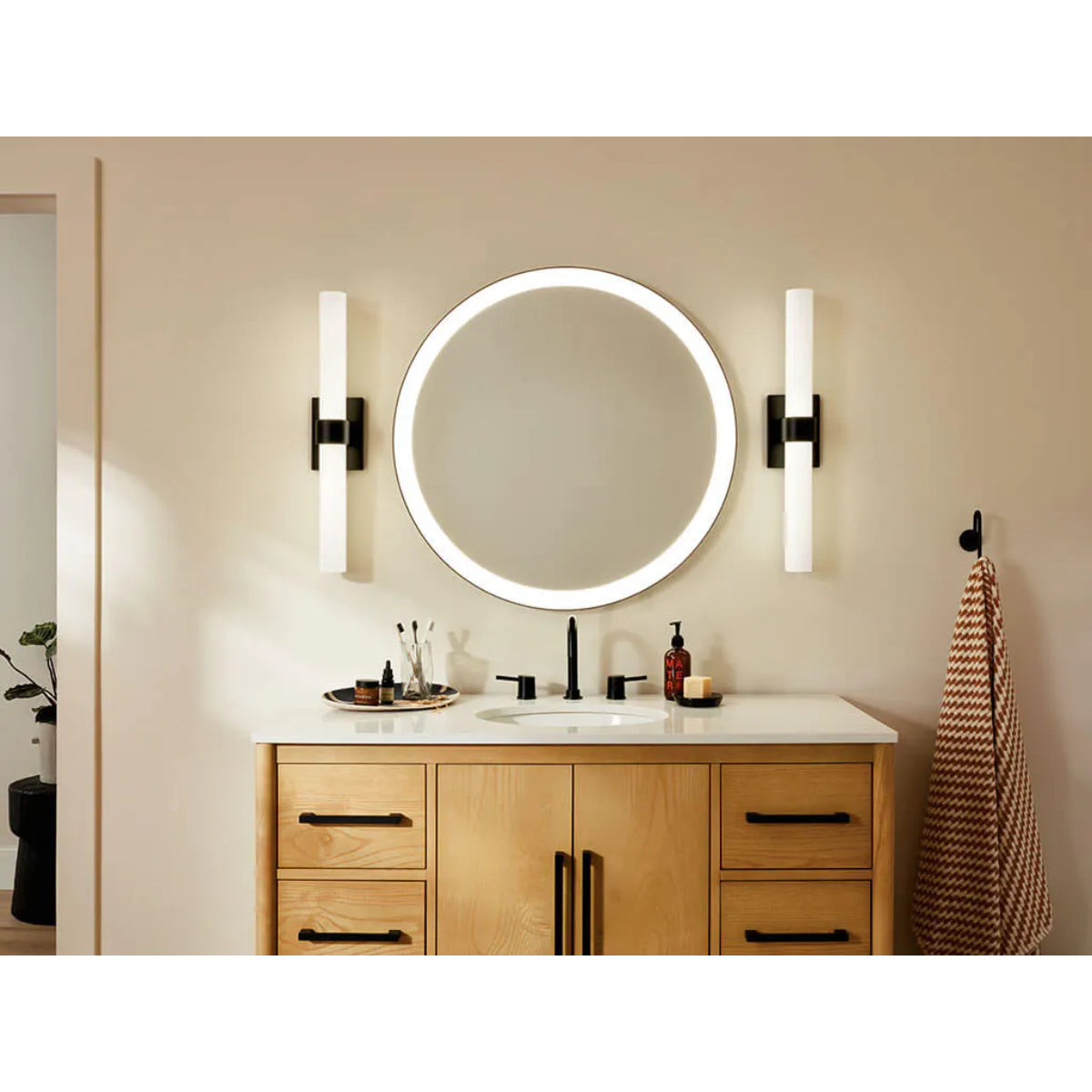 Izza 25 In 1-Light LED Bathroom Vanity Light With Satin Etched Cased Opal Glass, Black Finish - Bees Lighting