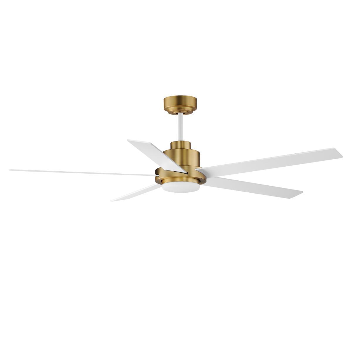 Daisy 60 Inch 5-Blade Ceiling Fan With Light and Wall Control, White,Natural Aged Brass with Matte White Blades - Bees Lighting