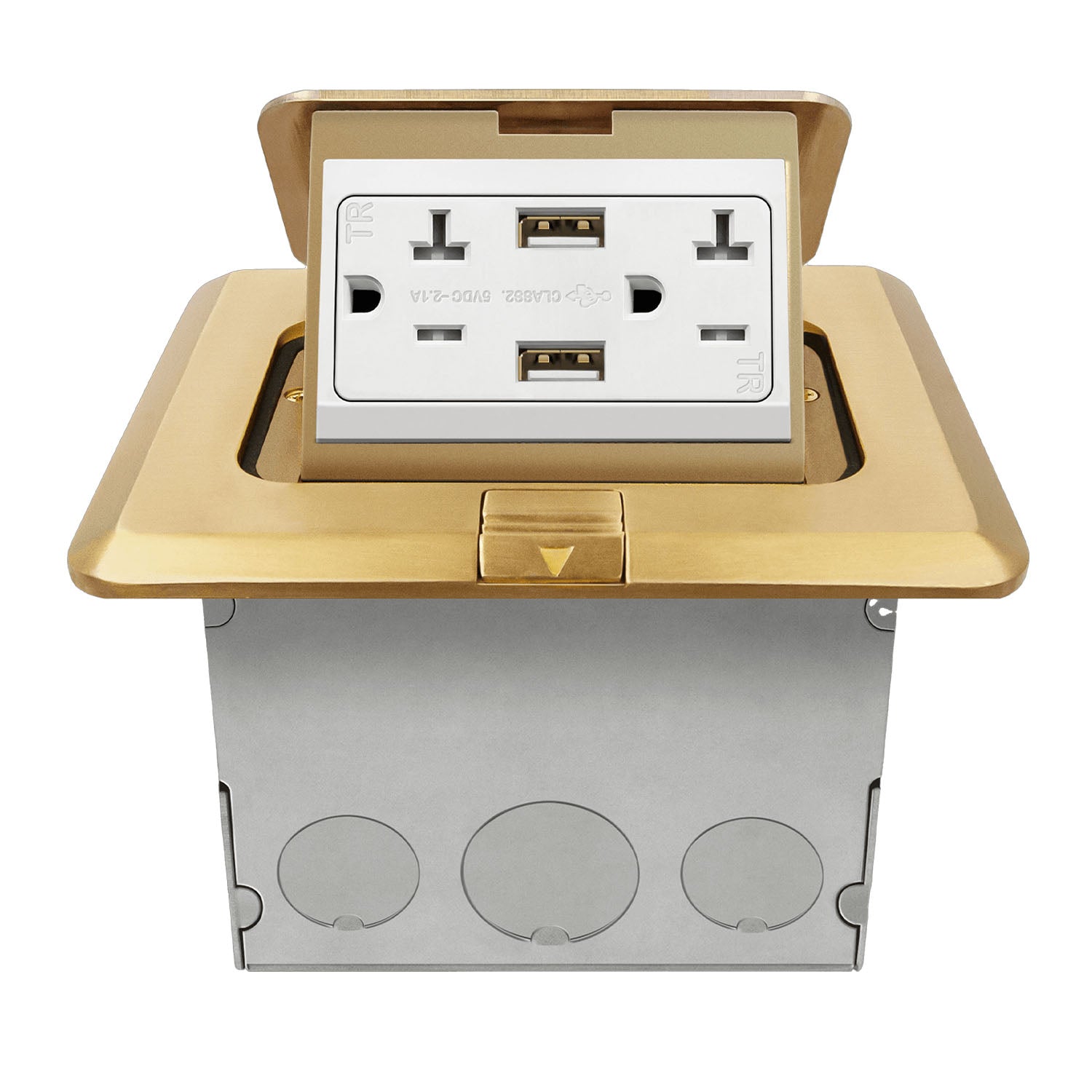 Square Floor Outlet Box 20 Amp Duplex Outlet with USB-A Outlet Brass