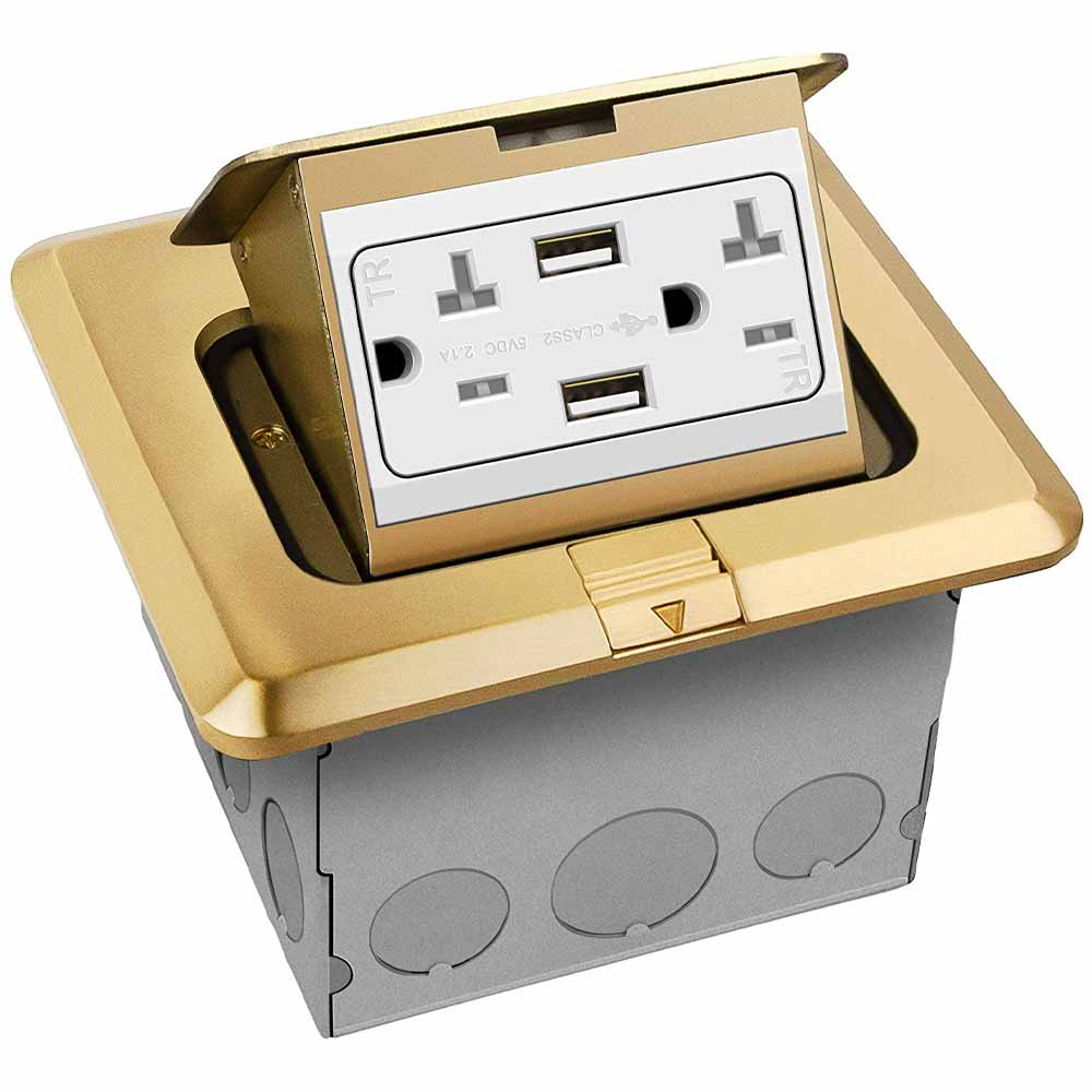 Square Floor Outlet Box 20 Amp Duplex Outlet with USB-A Outlet Brass