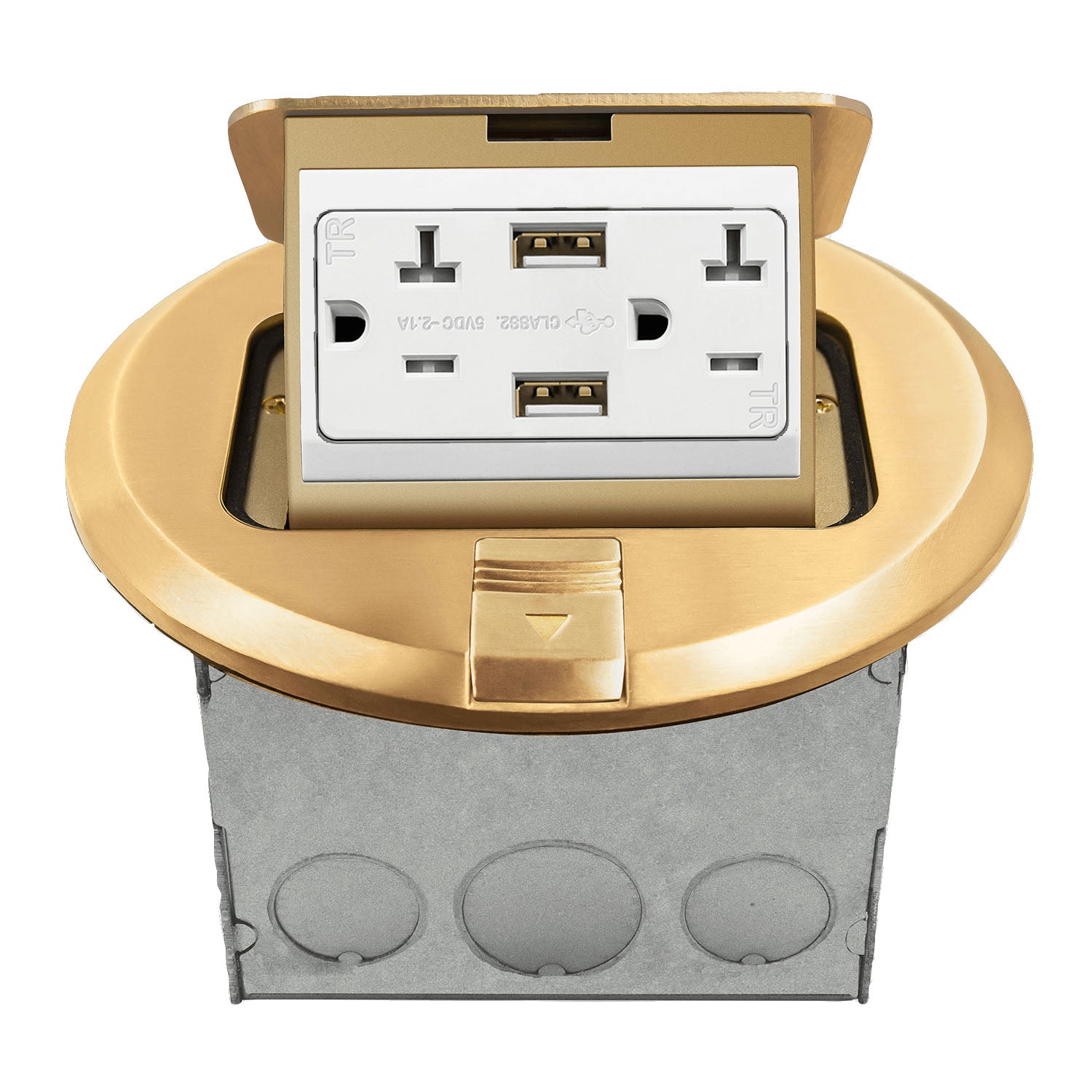 Round Floor Outlet Box 20 Amp Duplex Outlet with USB-A Outlet Brass