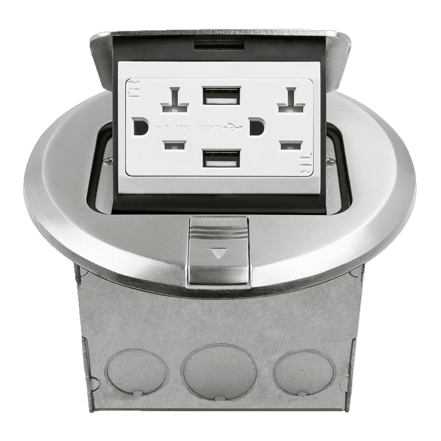 Round Floor Outlet Box 20 Amp Duplex Outlet with USB-A Outlet Nickel