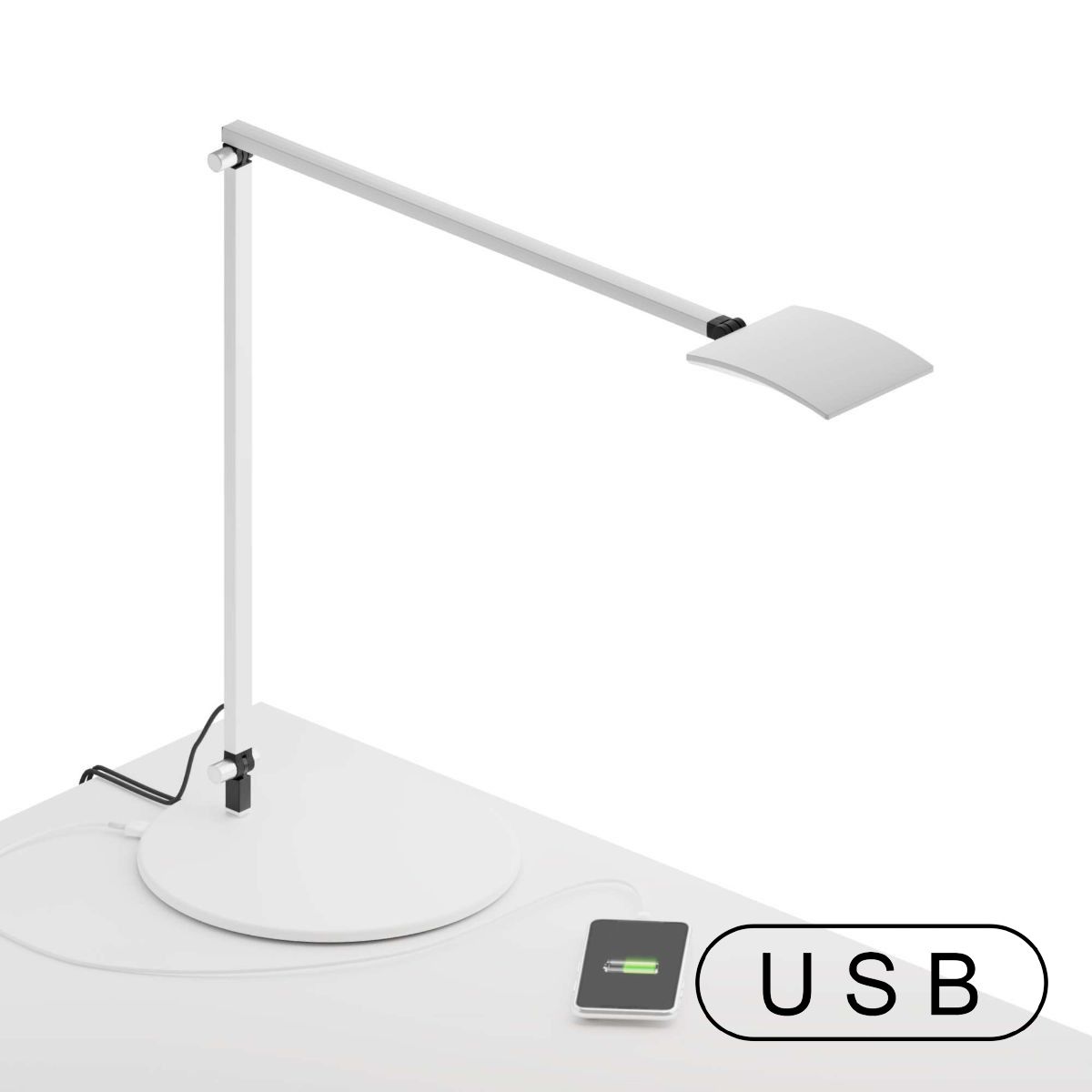 Mosso Pro White Contemporary LED Desk Lamp with Through-Table Mount and USB Port