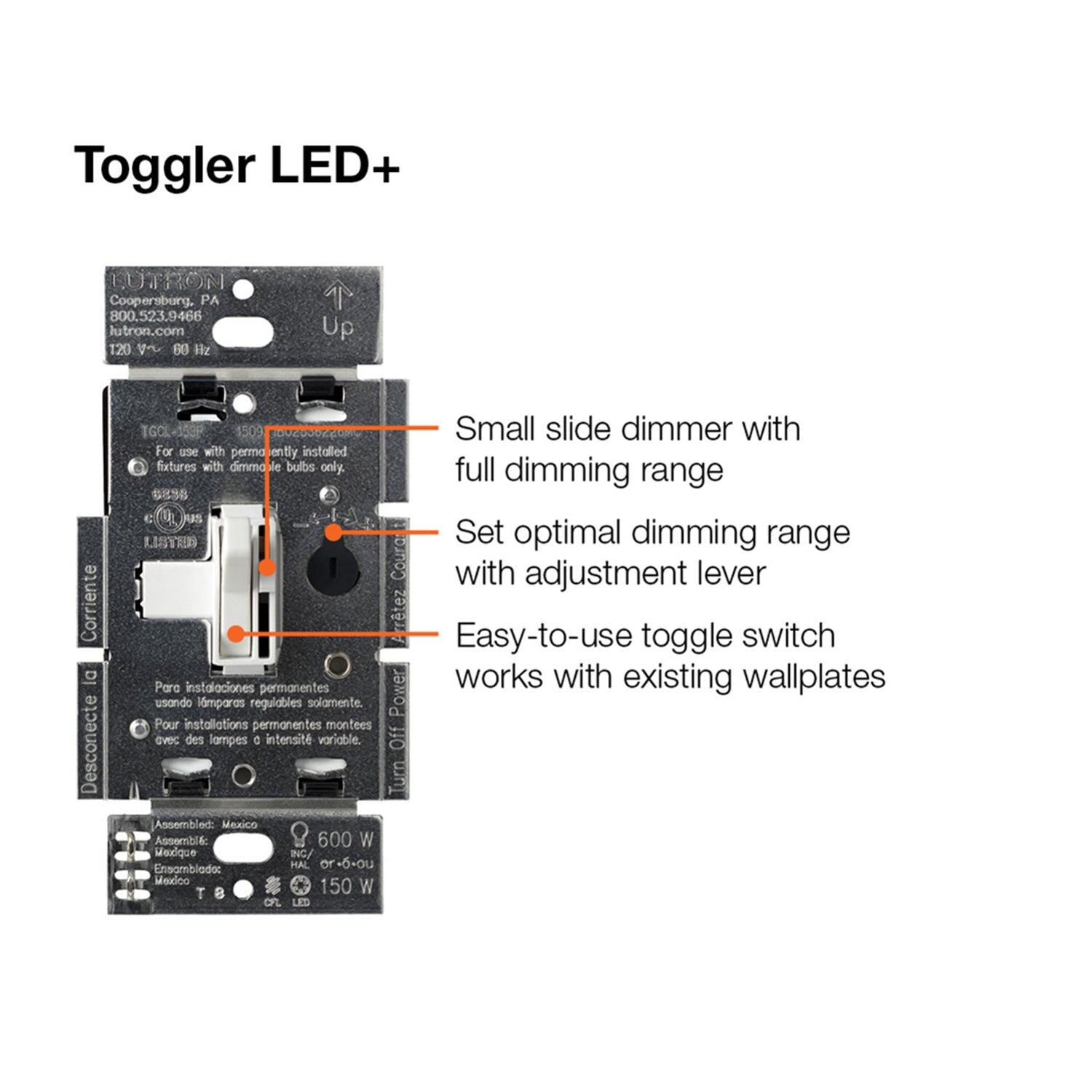 Ariadni Toggler LED+ Dimmer Switch, 150-Watt, Single Pole or 3-Way, White