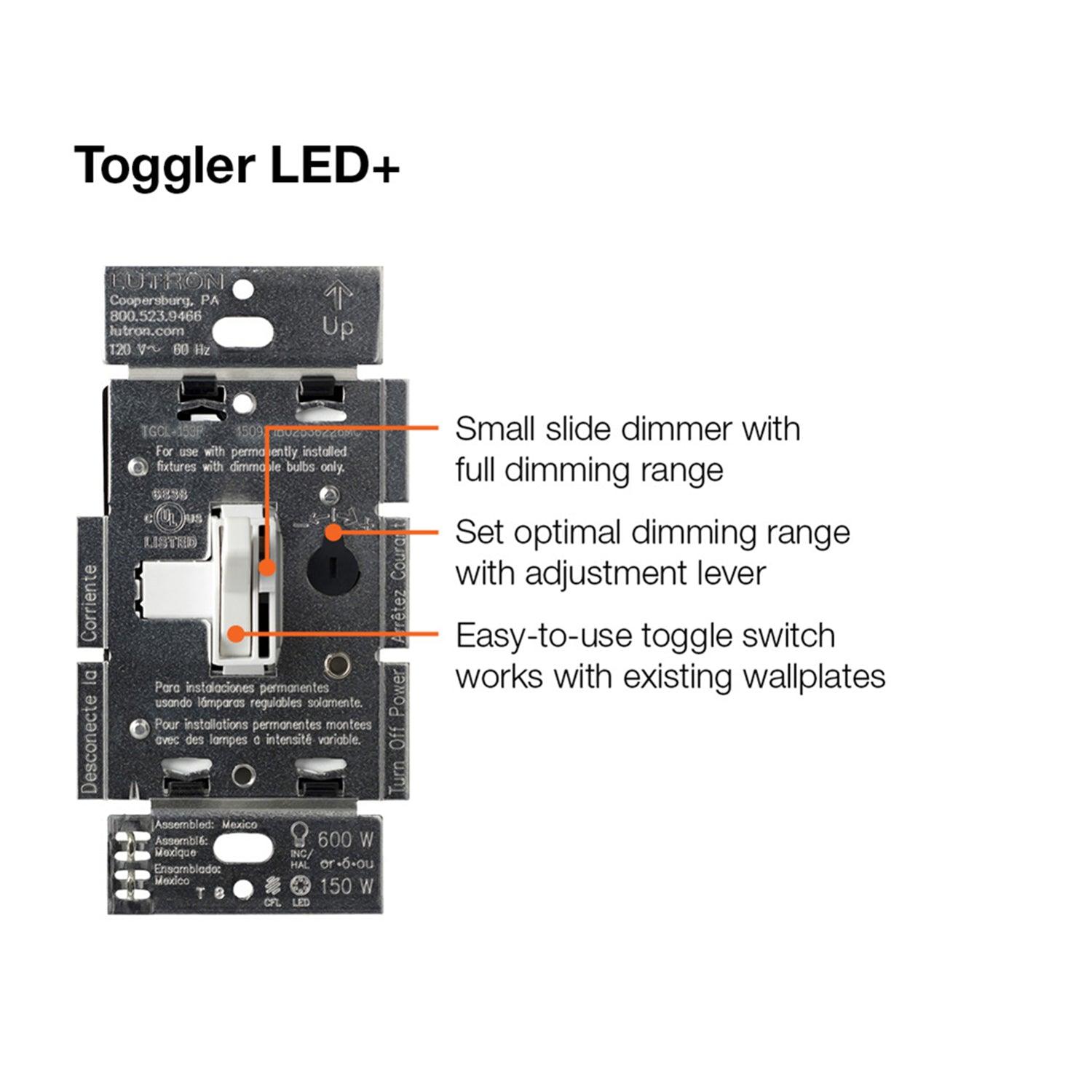 Ariadni Toggler LED+ Dimmer Switch, 150-Watt, Single Pole or 3-Way, Light Almond - Bees Lighting