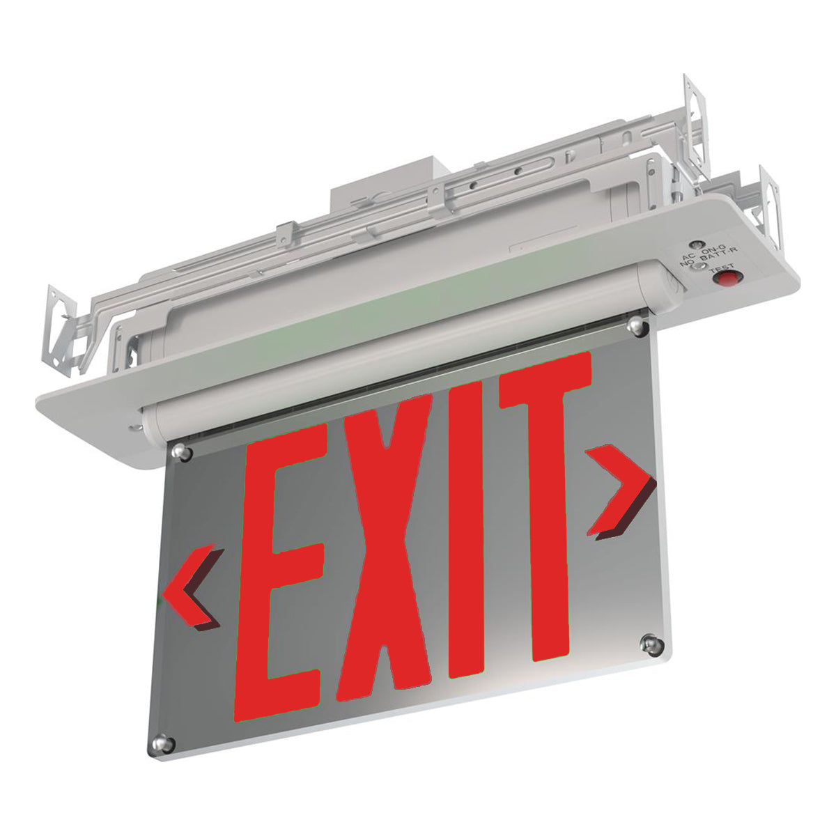 Edge-Lit LED Exit Sign, Double/Single Face with Red Letters, SIlver Finish, Battery Backup Included, Recessed Mount