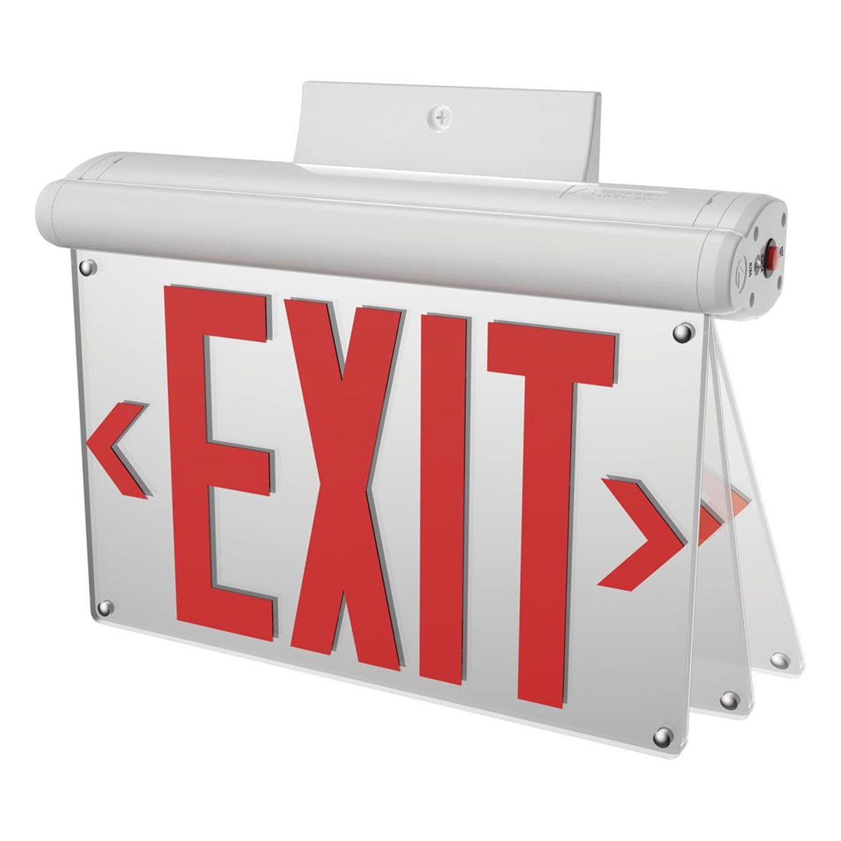 Edge-Lit LED Exit Sign, Double/Single Face with Red Letters, SIlver Finish, Battery Backup Included, Recessed Mount